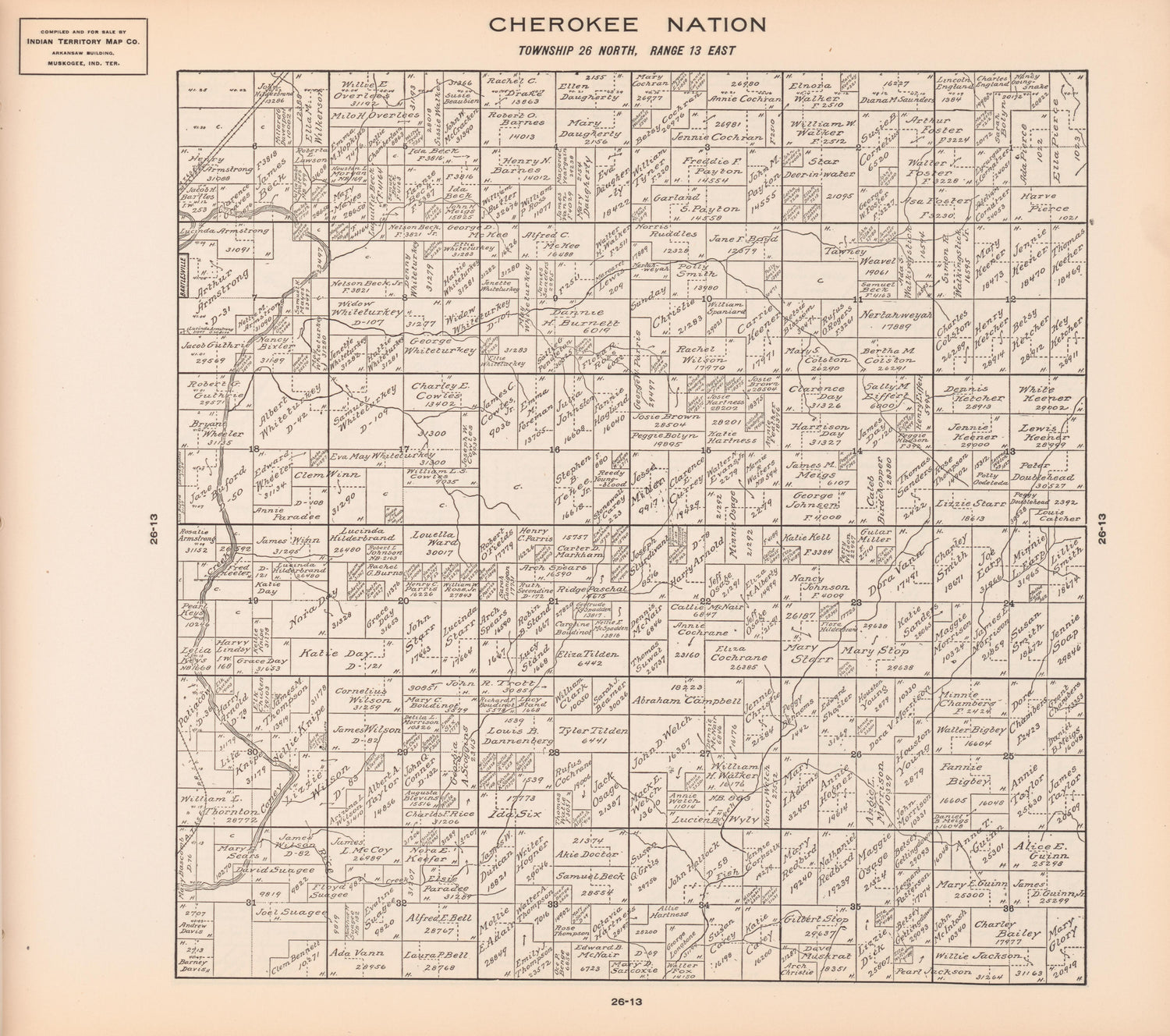 Township 26 North, Range 13 East from Cherokee Nation 1909 by Relic Map Company