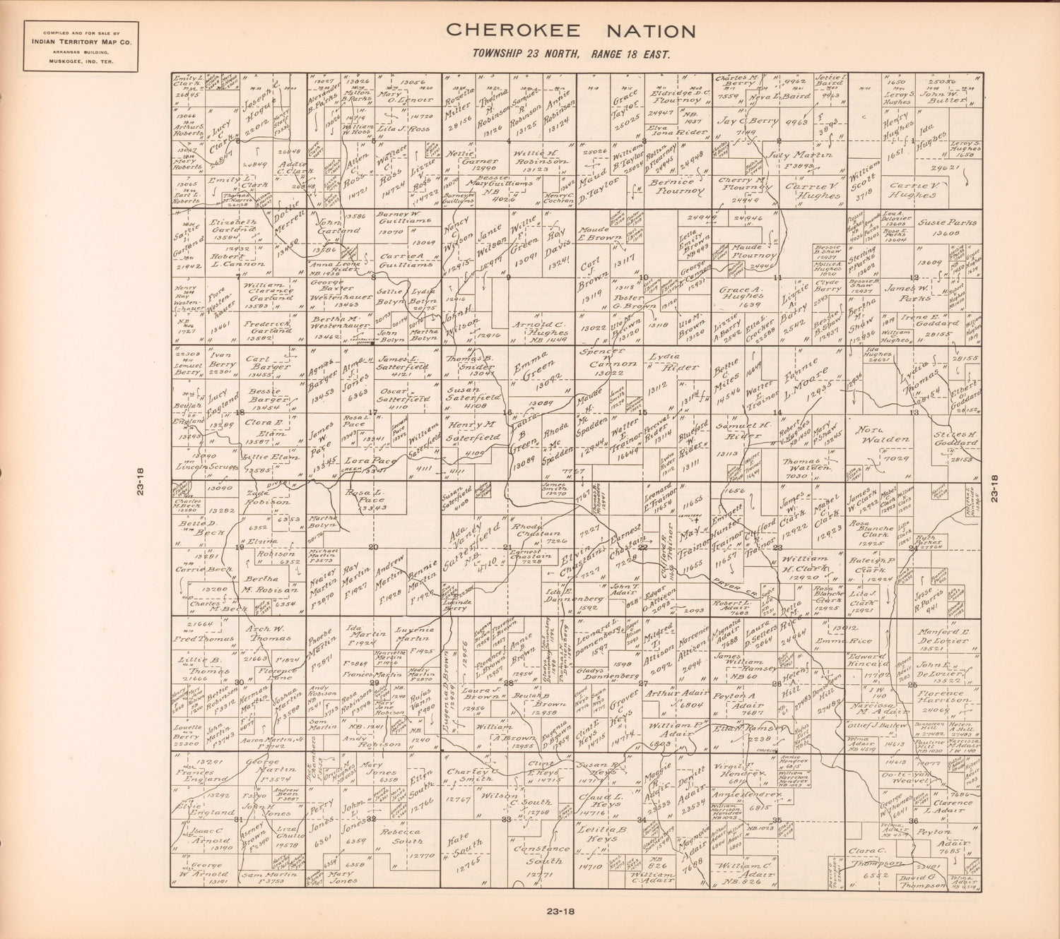 Township 23 North, Range 18 East from Cherokee Nation 1909 by Relic Map Company