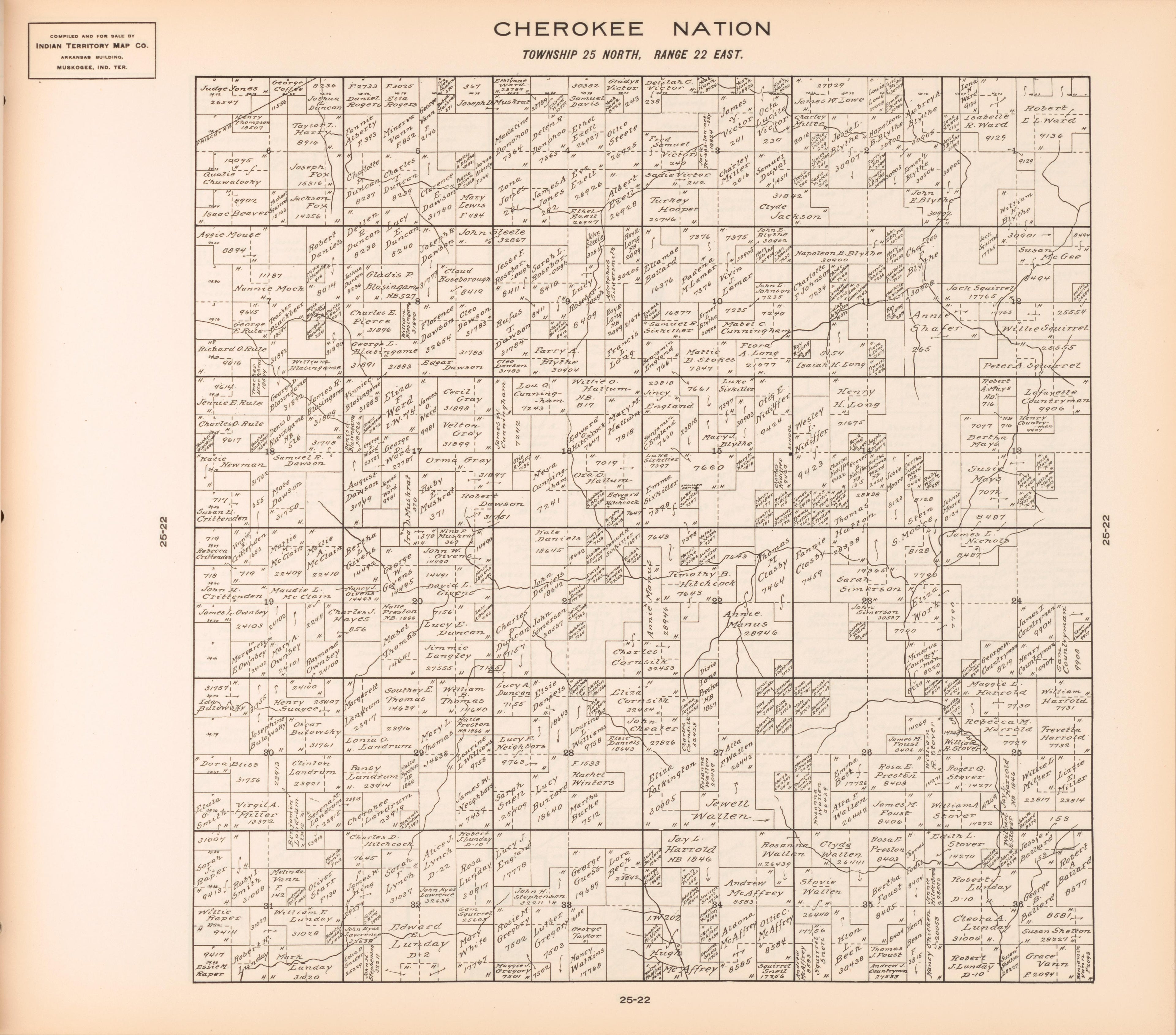 Township 25 North, Range 22 East from Cherokee Nation 1909 by Relic Map Company