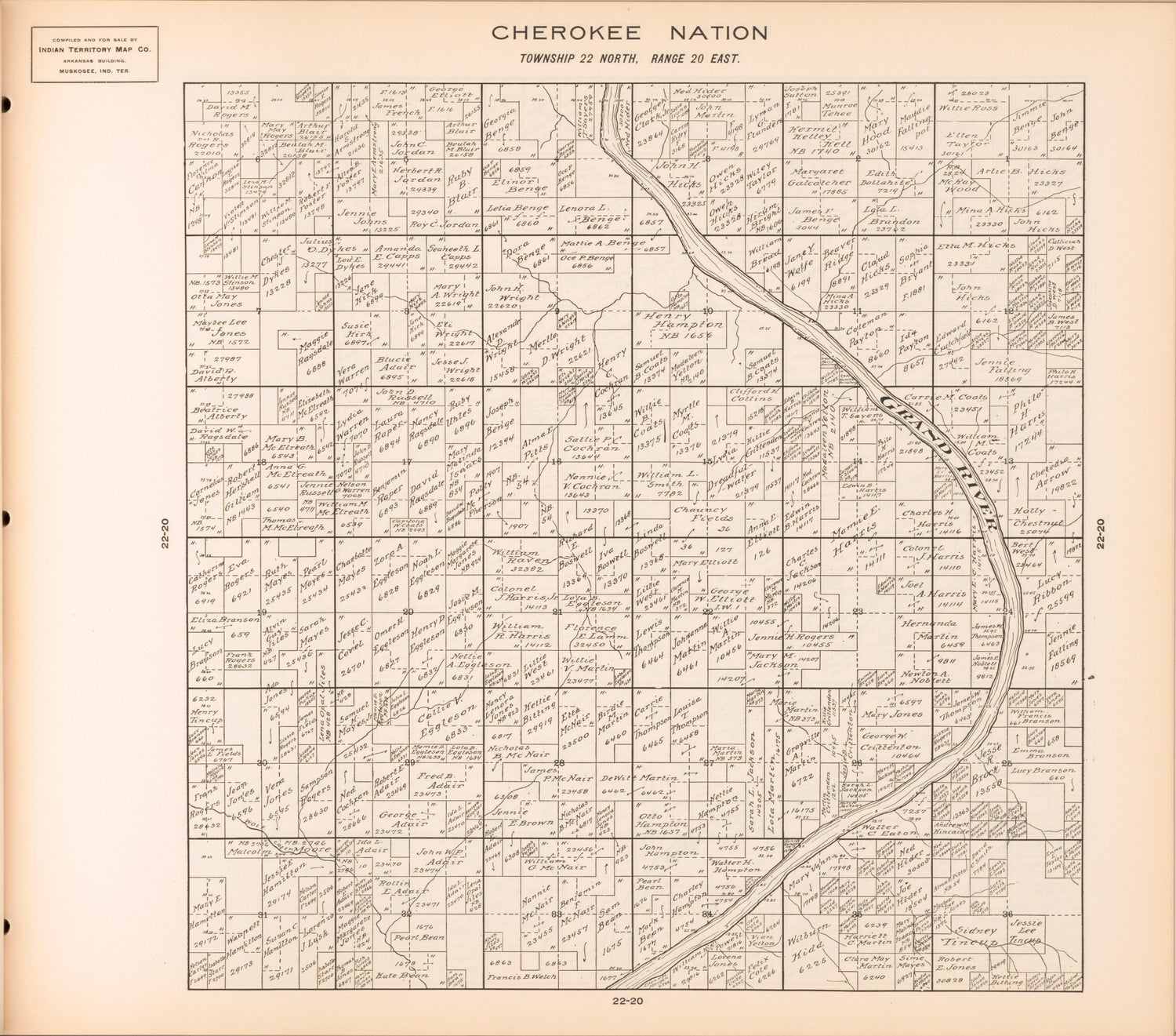Township 22 North, Range 20 East from Cherokee Nation 1909 by Relic Map Company
