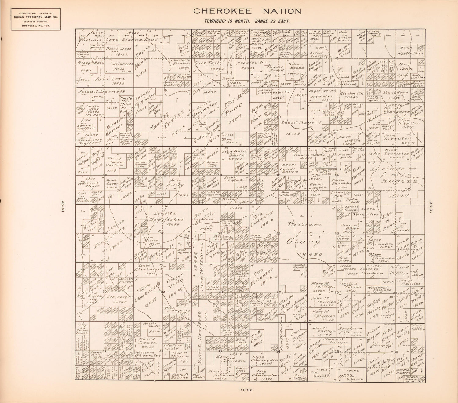 Township 19 North, Range 22 East from Cherokee Nation 1909 by Relic Map Company