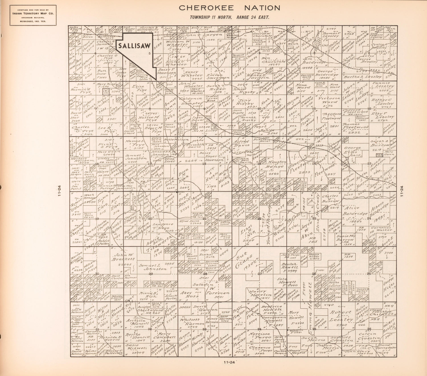 Township 11 North, Range 24 East from Cherokee Nation 1909 by Relic Map Company
