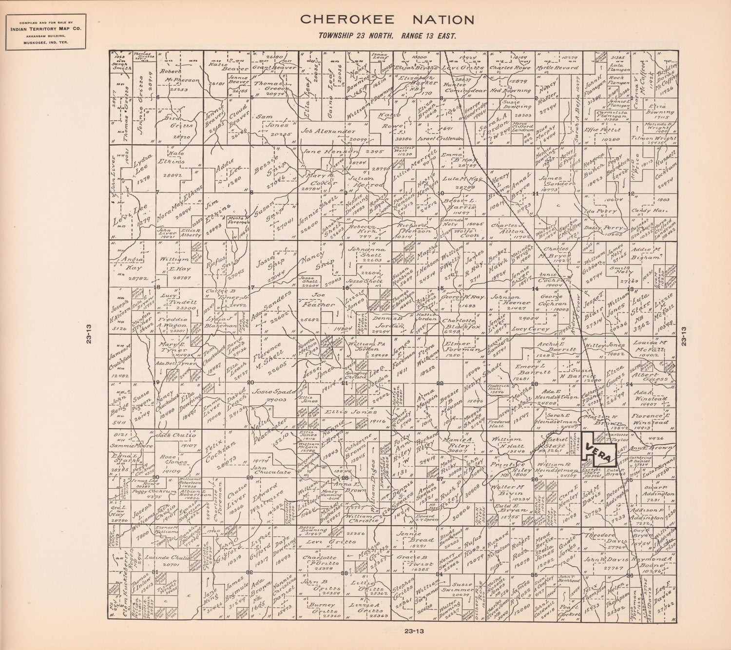 Township 23 North, Range 13 East from Cherokee Nation 1909 by Relic Map Company