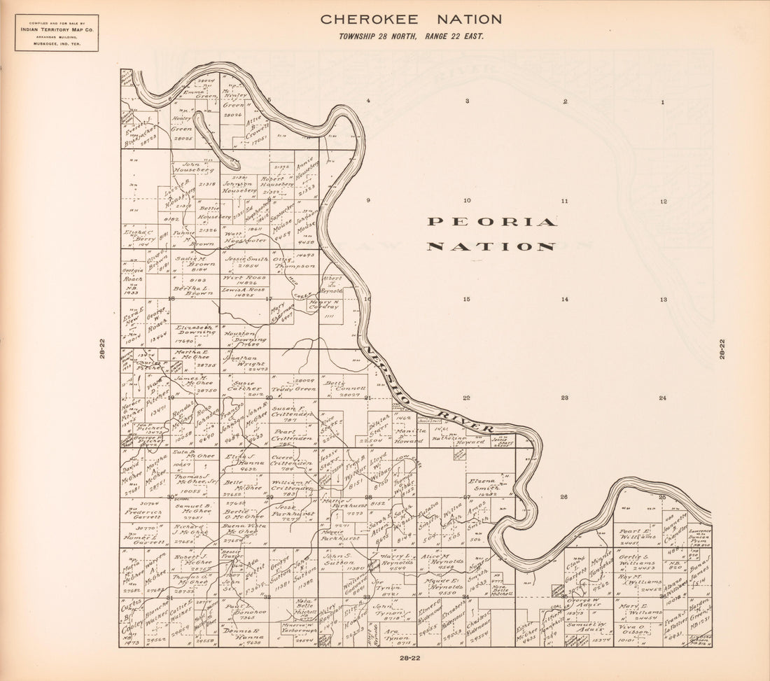 Township 28 North, Range 22 East from Cherokee Nation 1909 by Relic Map Company
