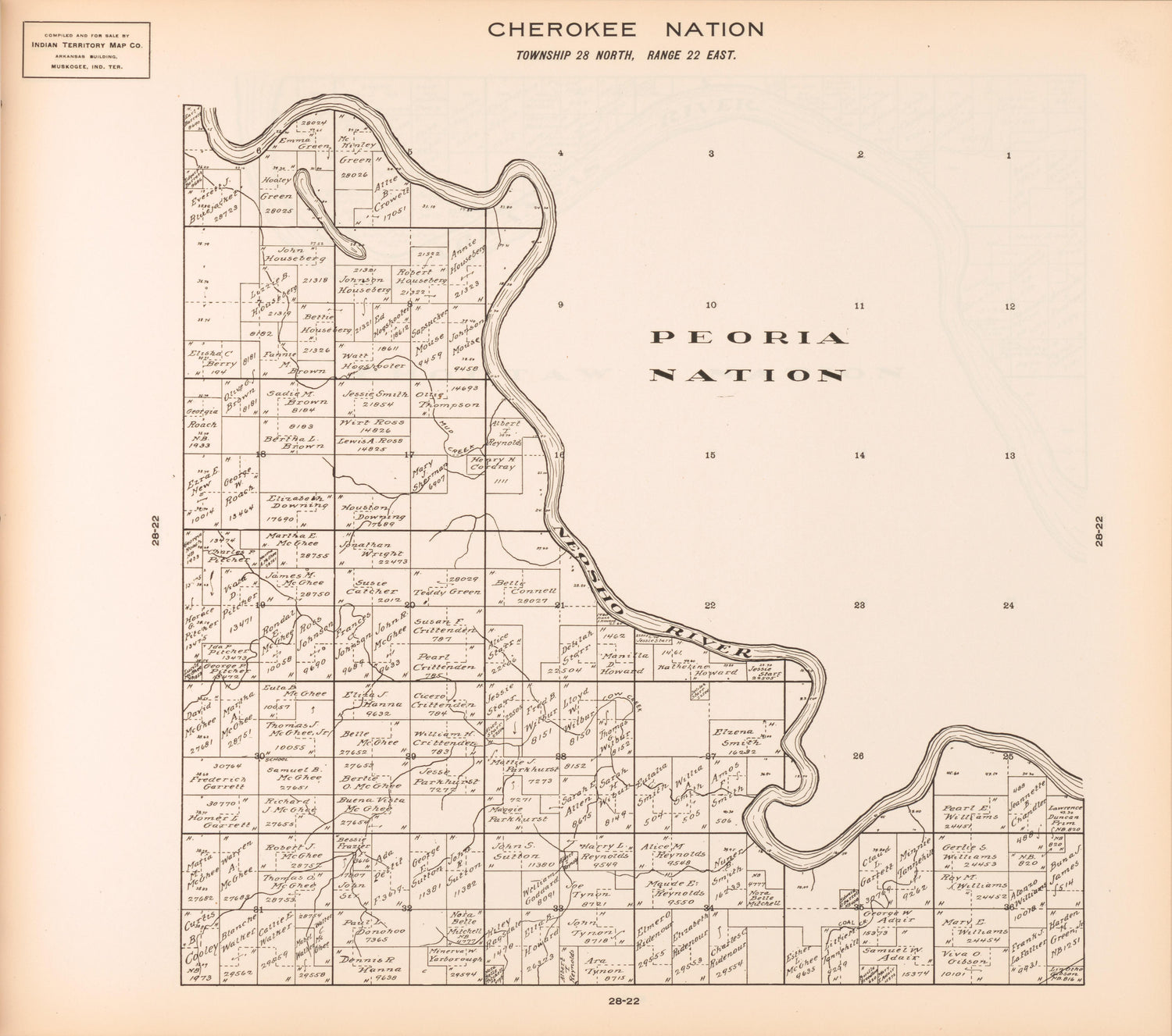 Township 28 North, Range 22 East from Cherokee Nation 1909 by Relic Map Company