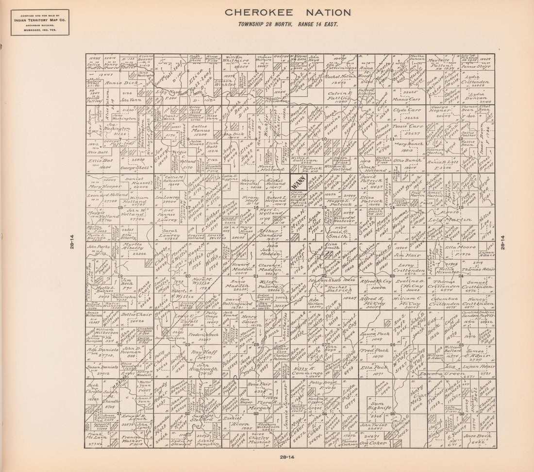 Township 28 North, Range 14 East from Cherokee Nation 1909 by Relic Map Company