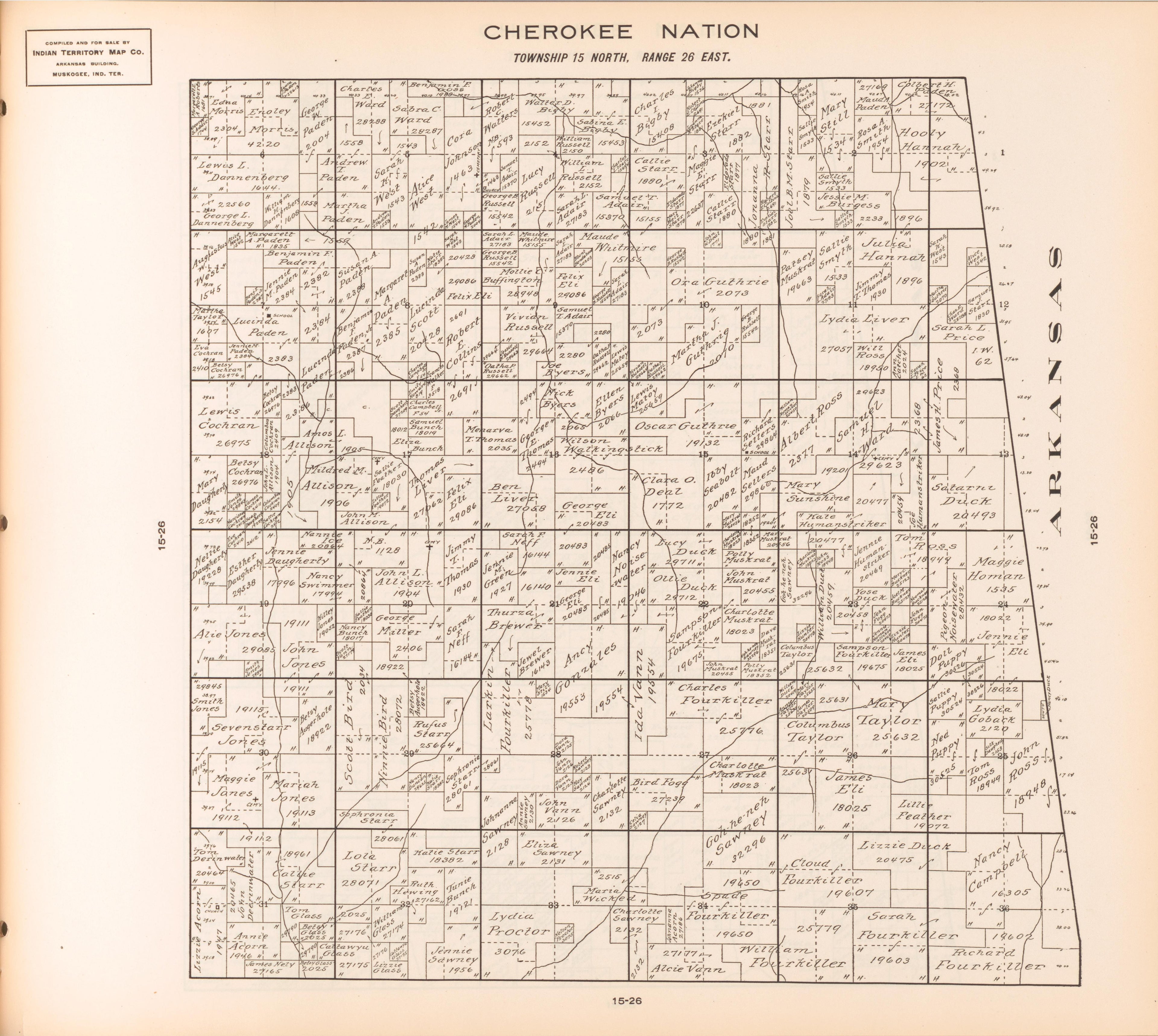 Township 15 North, Range 26 East from Cherokee Nation 1909 by Relic Map Company