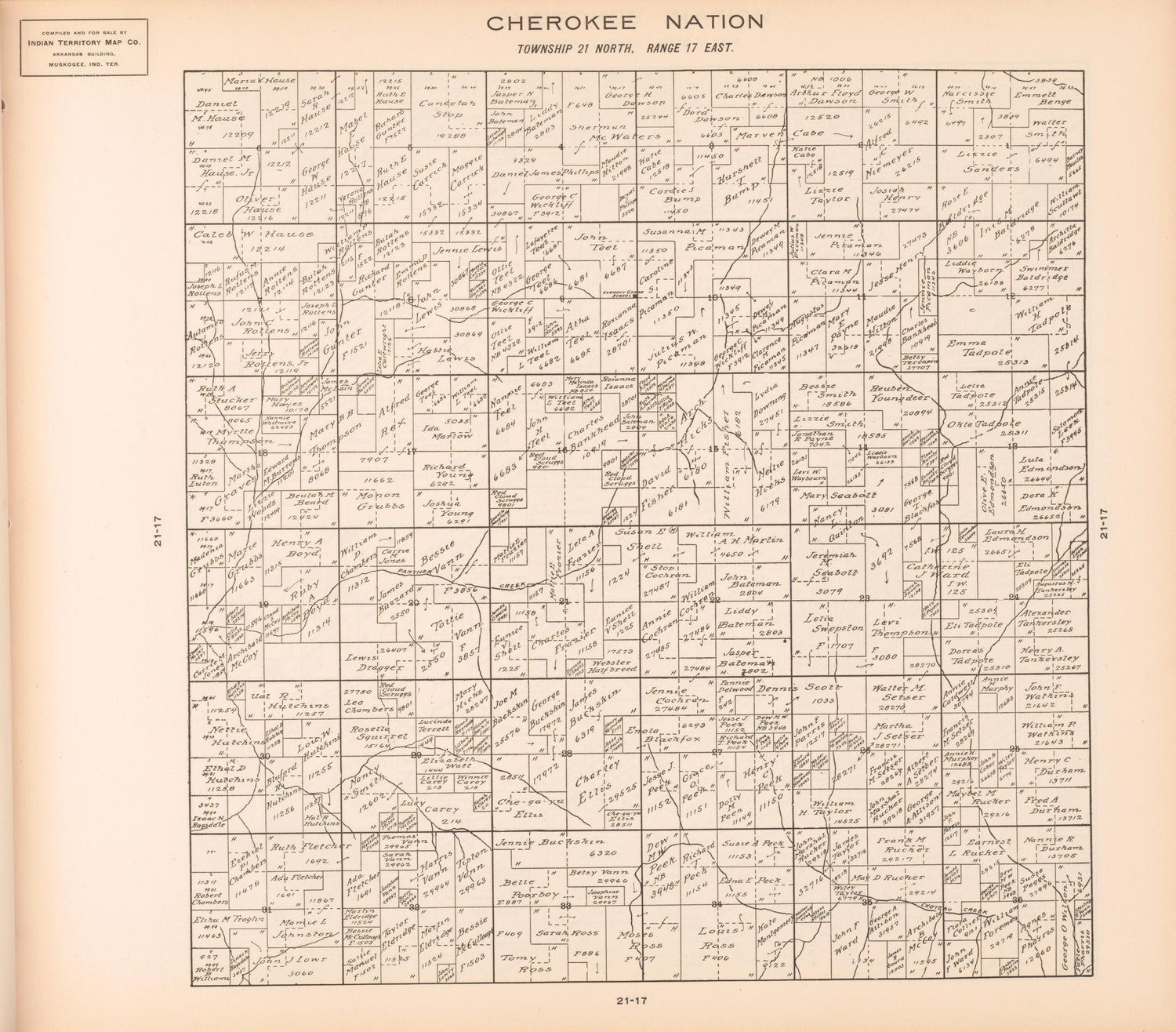 Township 21 North, Range 17 East from Cherokee Nation 1909 by Relic Map Company