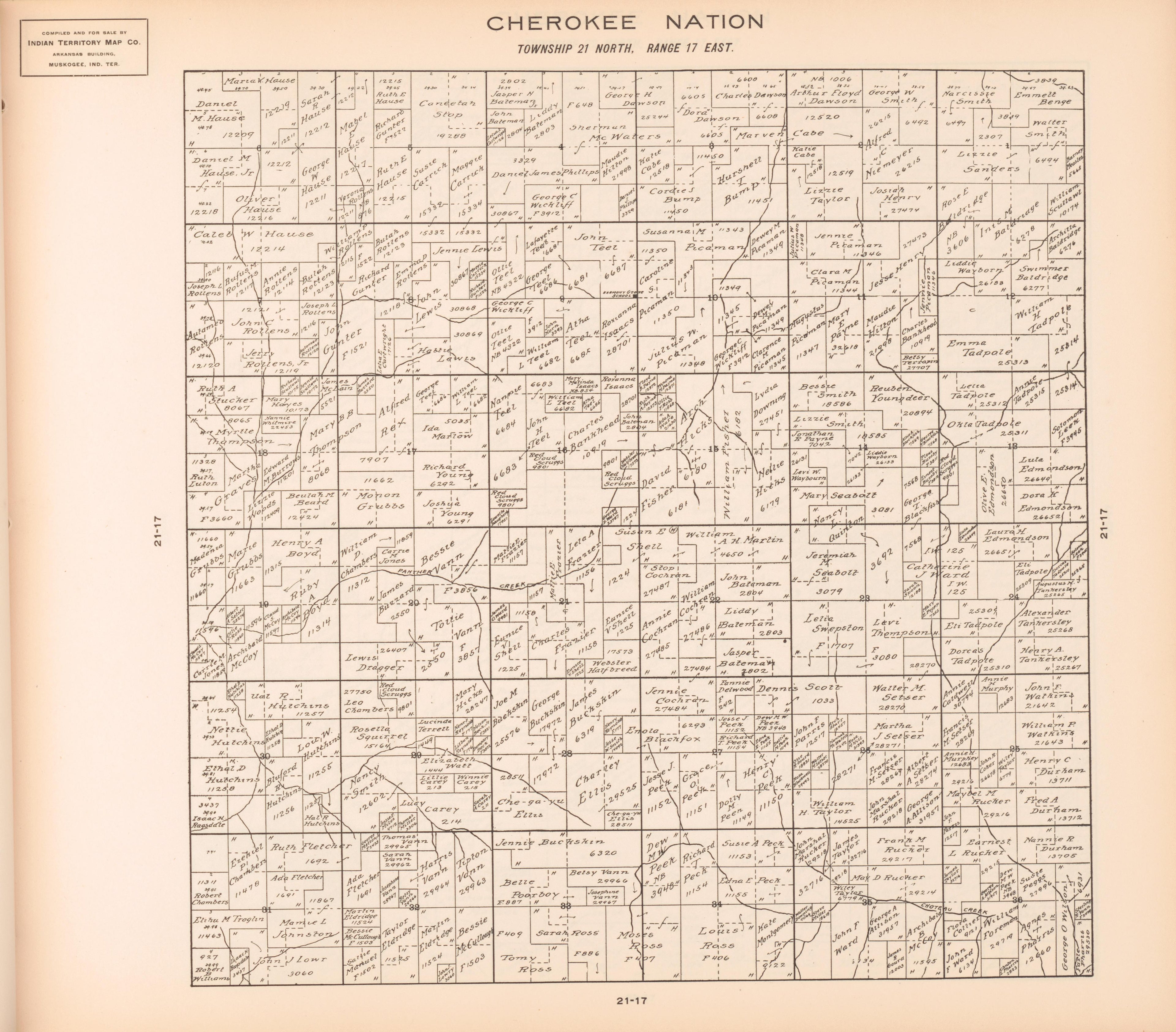Township 21 North, Range 17 East from Cherokee Nation 1909 by Relic Map Company