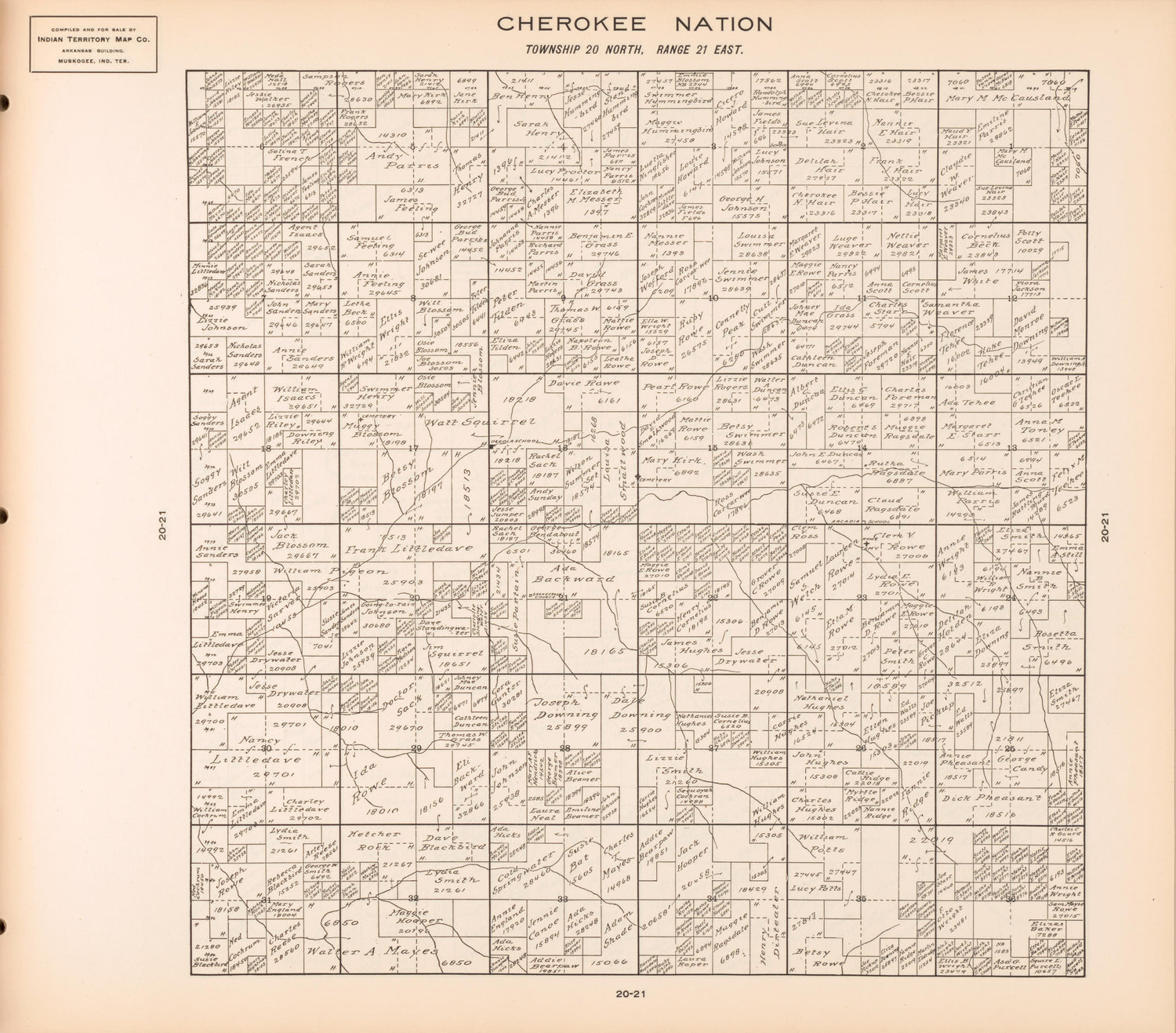 Township 20 North, Range 21 East from Cherokee Nation 1909 by Relic Map Company