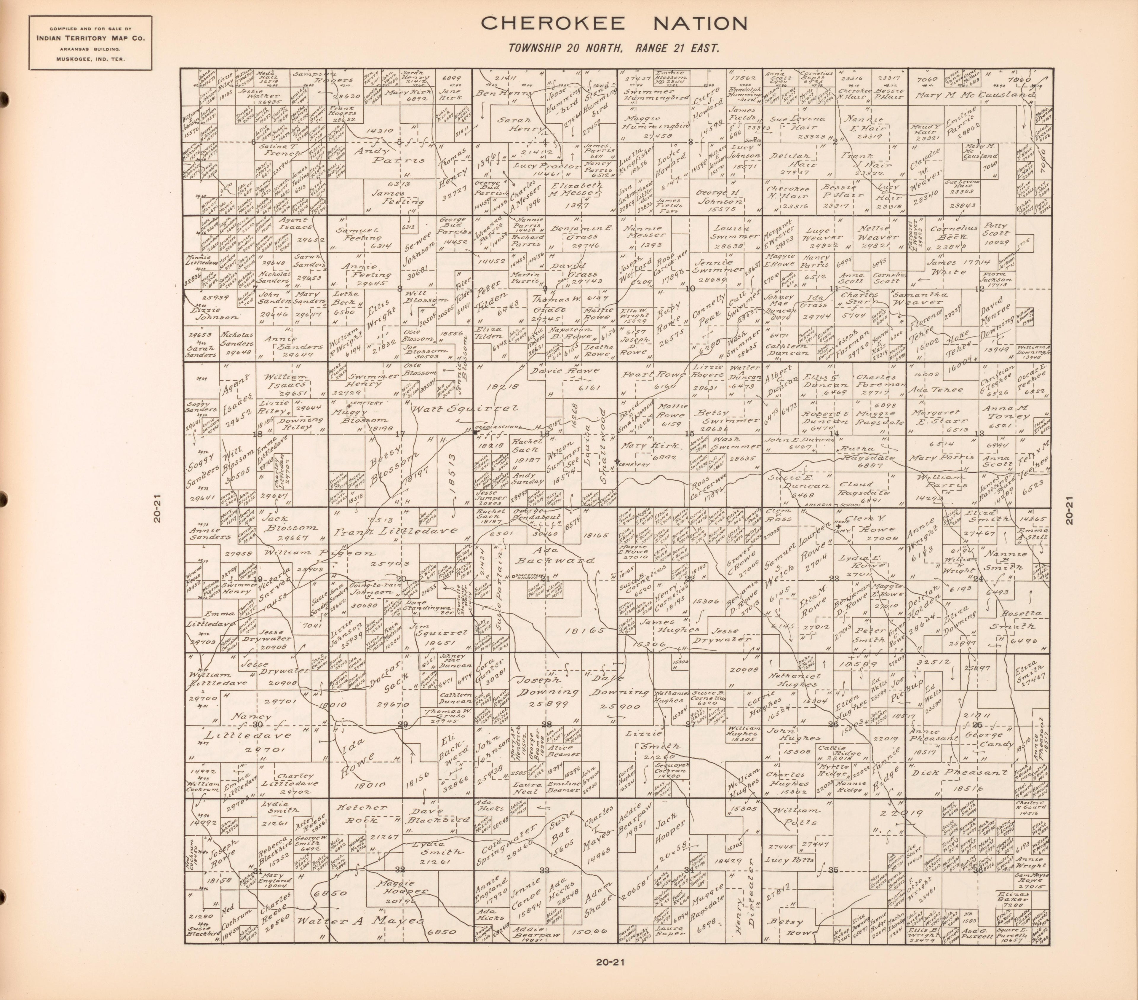 Township 20 North, Range 21 East from Cherokee Nation 1909 by Relic Map Company