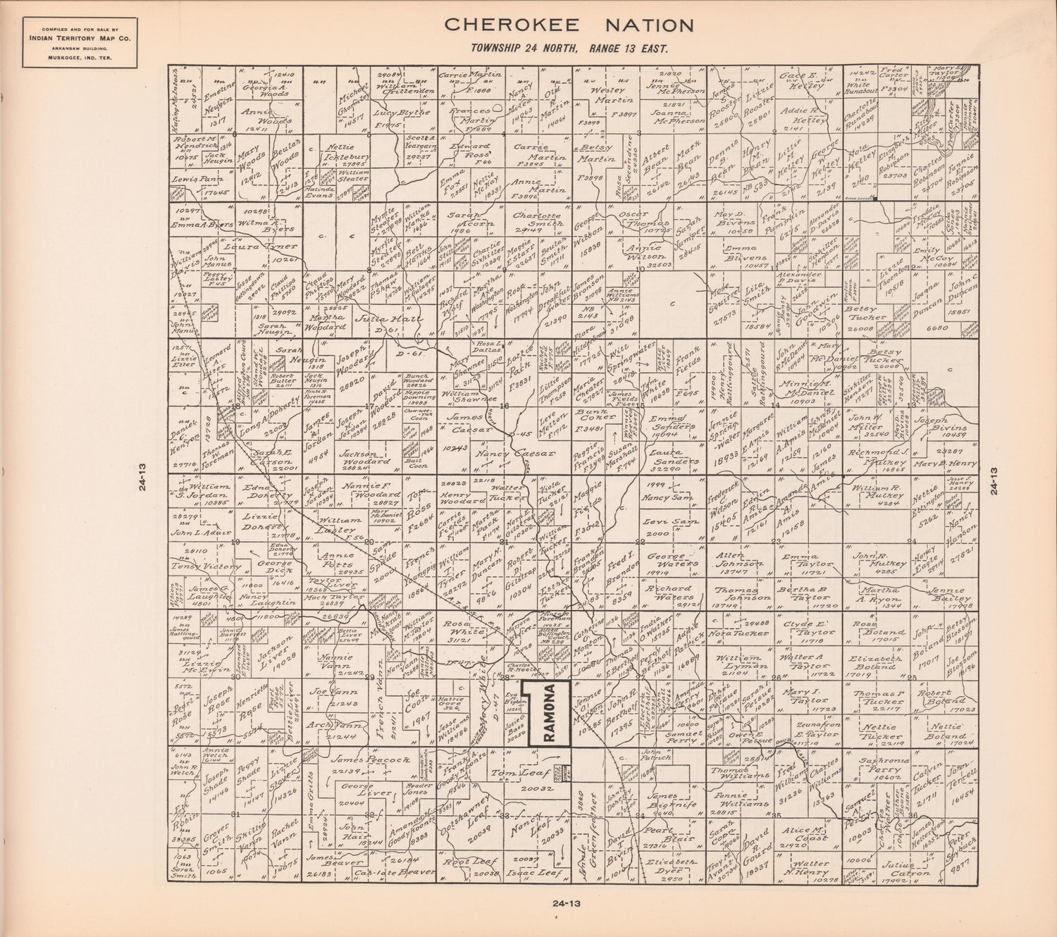Township 24 North, Range 13 East from Cherokee Nation 1909 by Relic Map Company