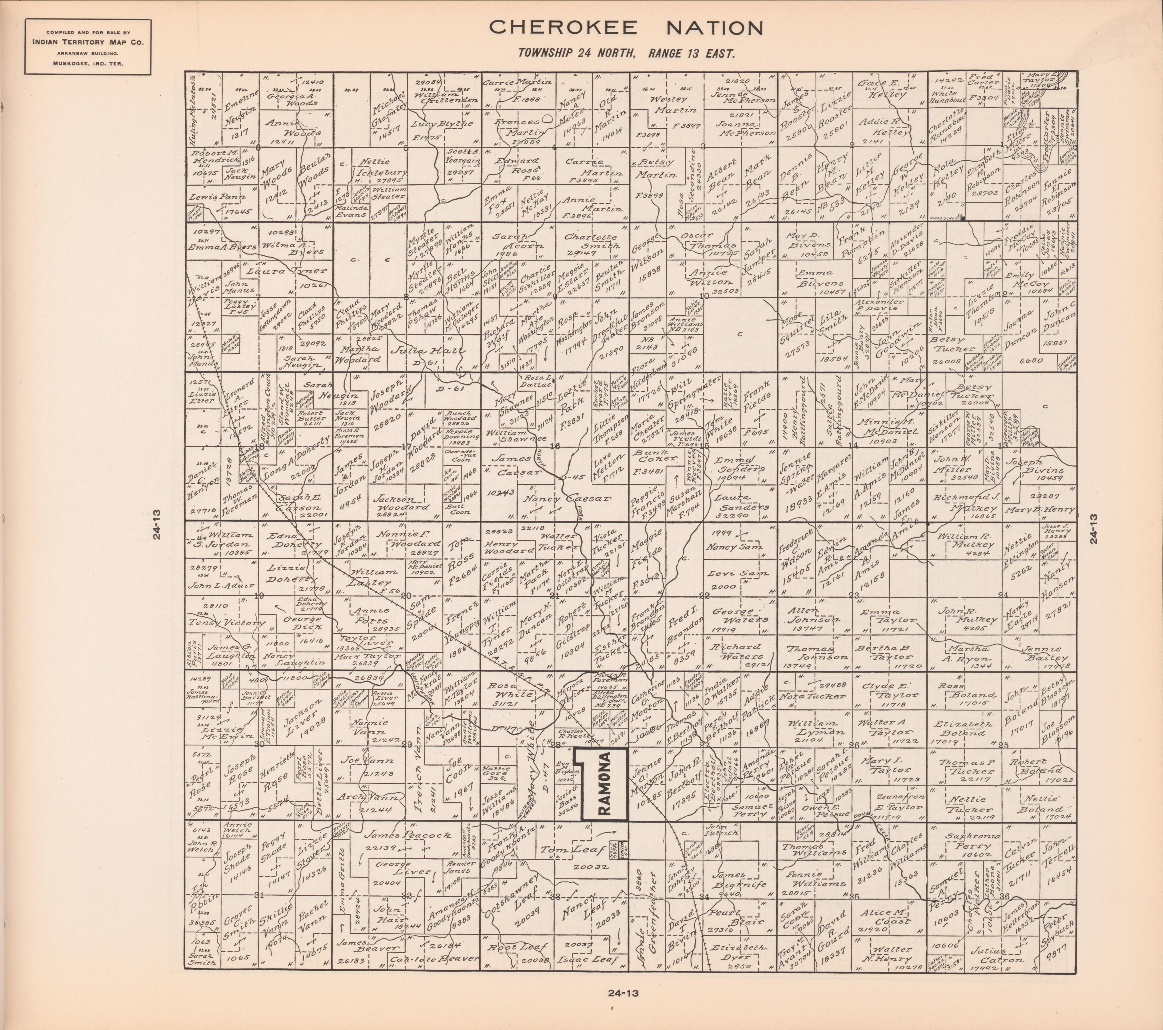 Township 24 North, Range 13 East from Cherokee Nation 1909 by Relic Map Company