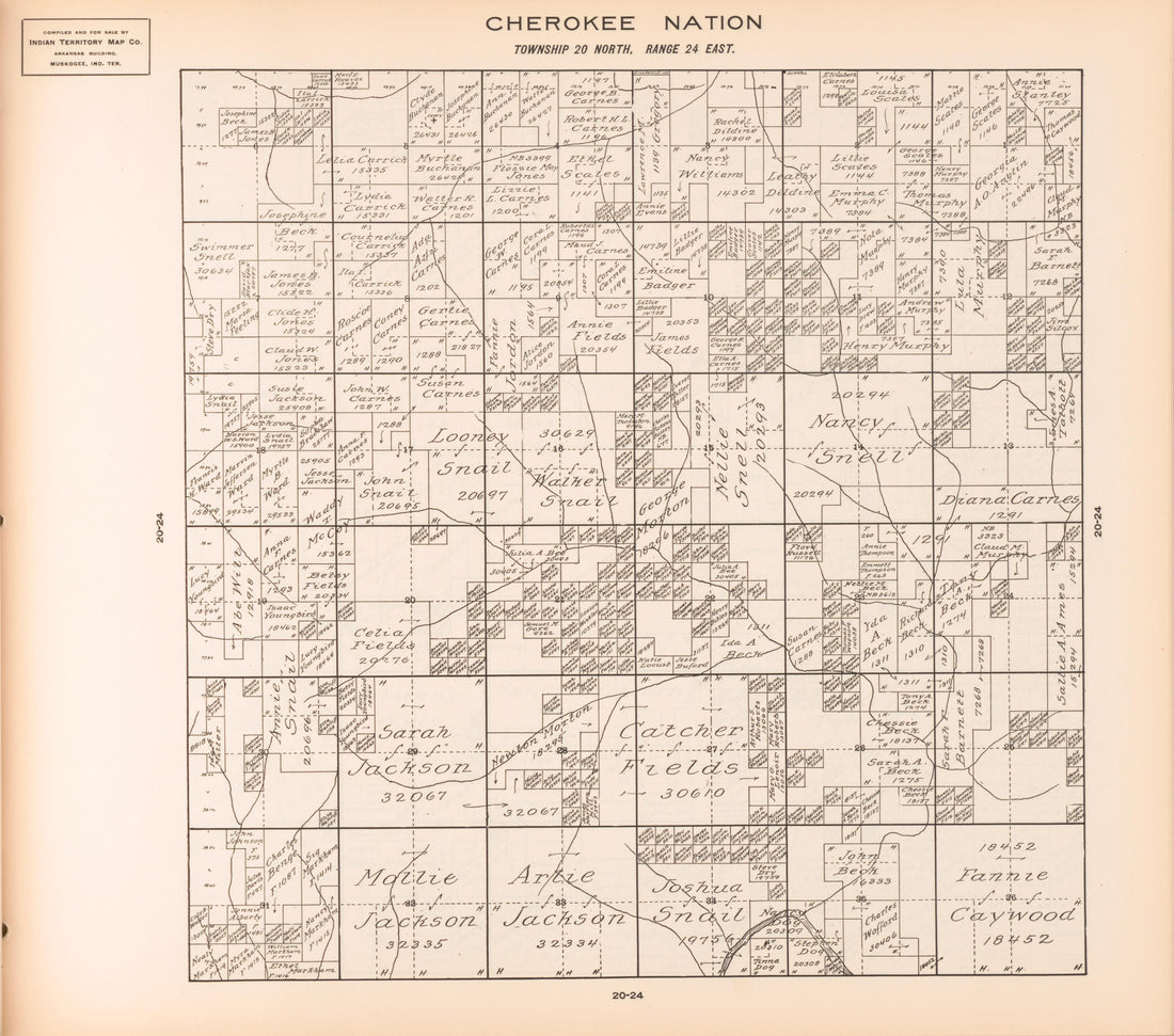 Township 20 North, Range 24 East from Cherokee Nation 1909 by Relic Map Company