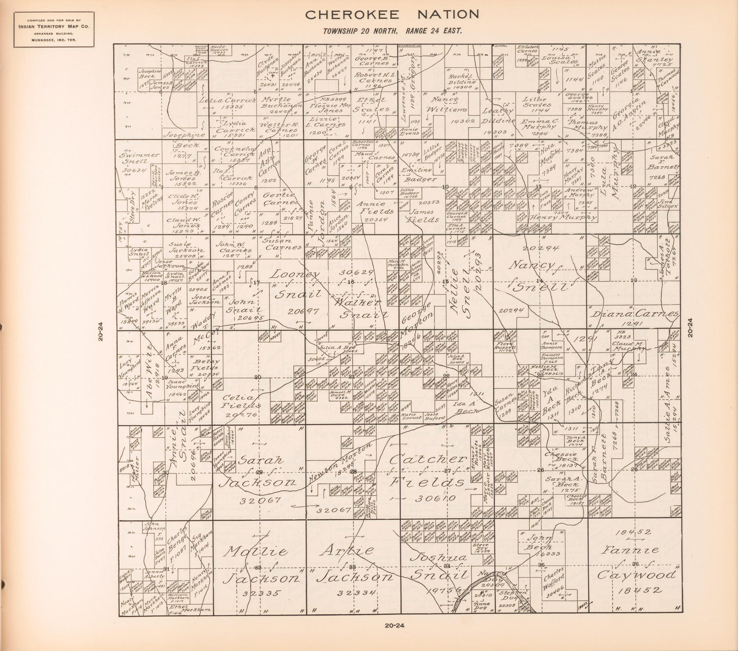 Township 20 North, Range 24 East from Cherokee Nation 1909 by Relic Map Company