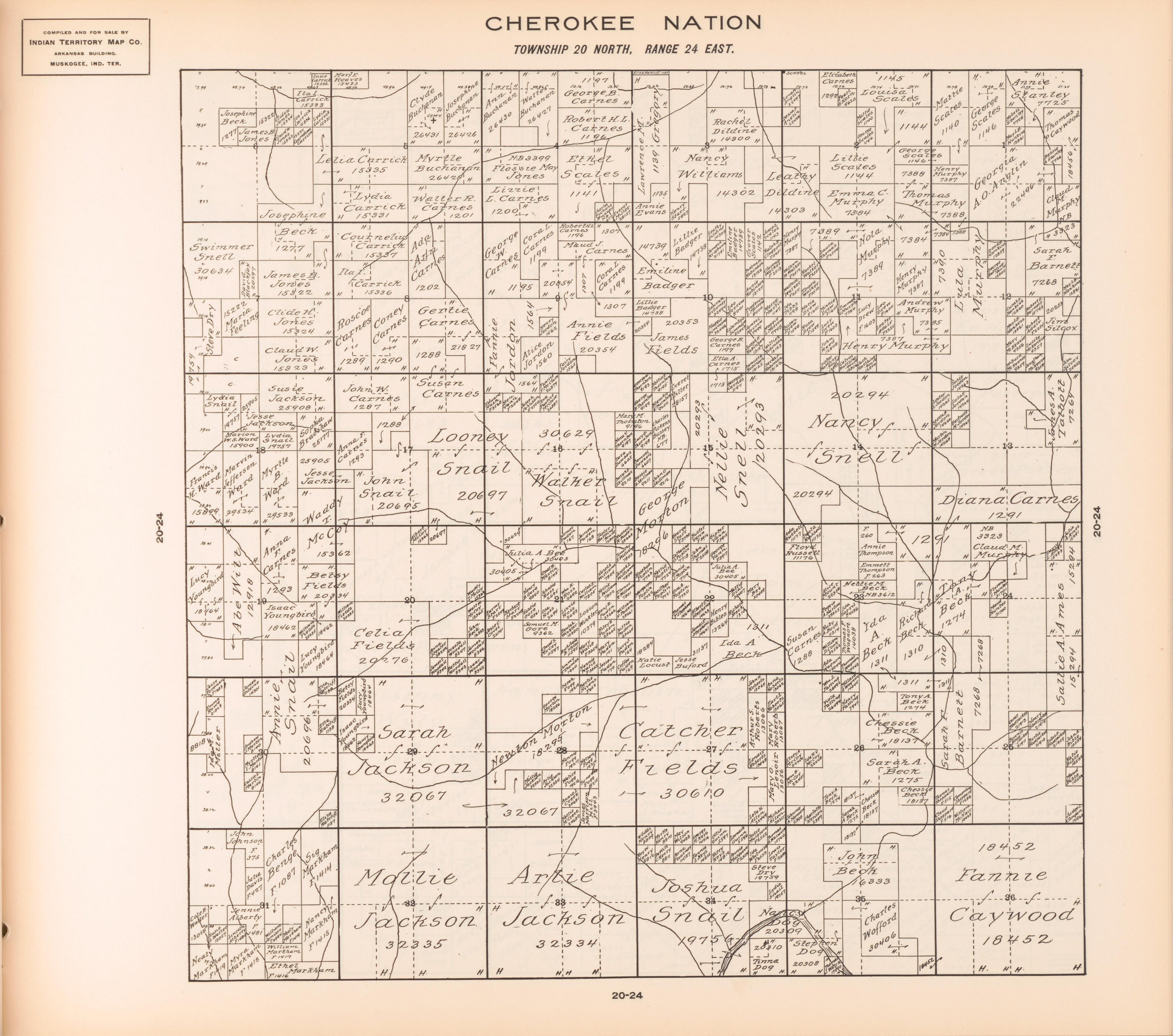 Township 20 North, Range 24 East from Cherokee Nation 1909 by Relic Map Company