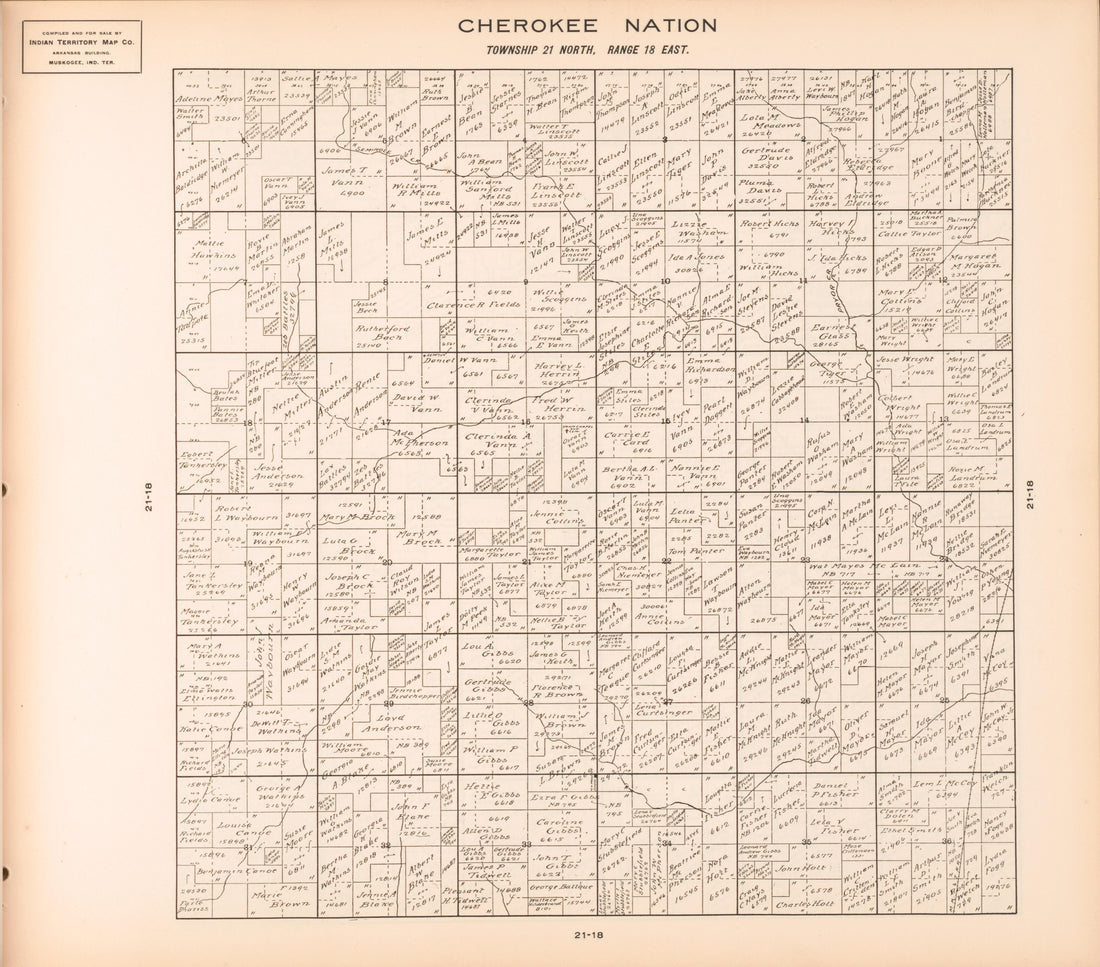 Township 21 North, Range 18 East from Cherokee Nation 1909 by Relic Map Company