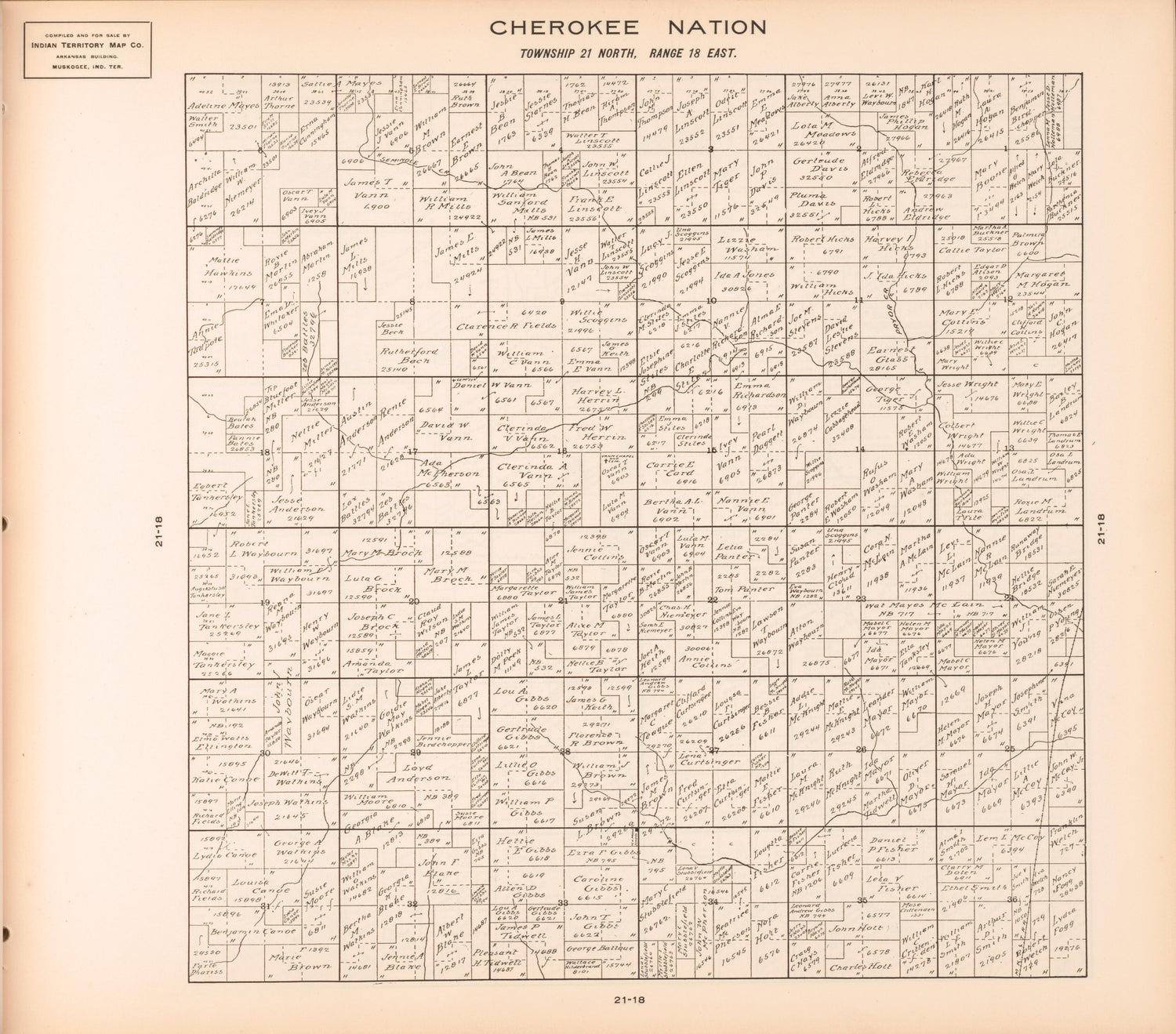Township 21 North, Range 18 East from Cherokee Nation 1909 by Relic Map Company