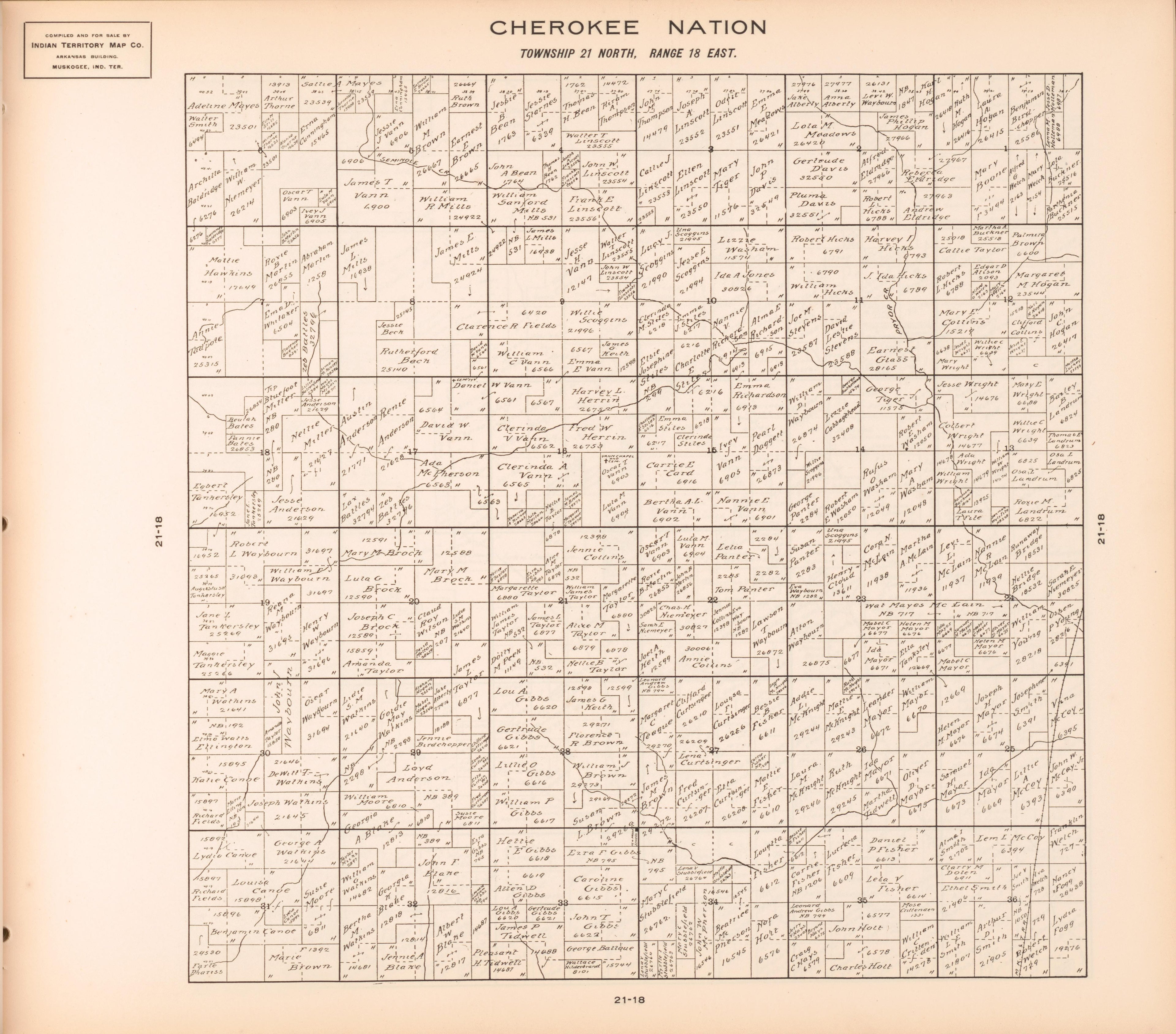 Township 21 North, Range 18 East from Cherokee Nation 1909 by Relic Map Company