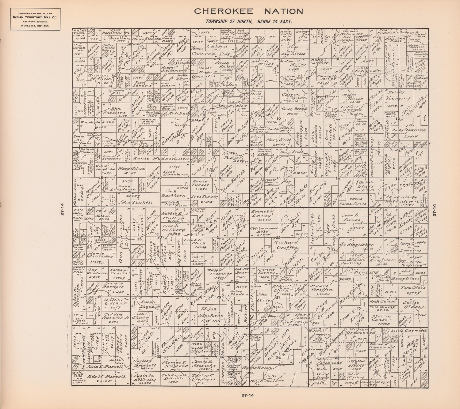 Township 27 North, Range 14 East from Cherokee Nation 1909 by Relic Map Company