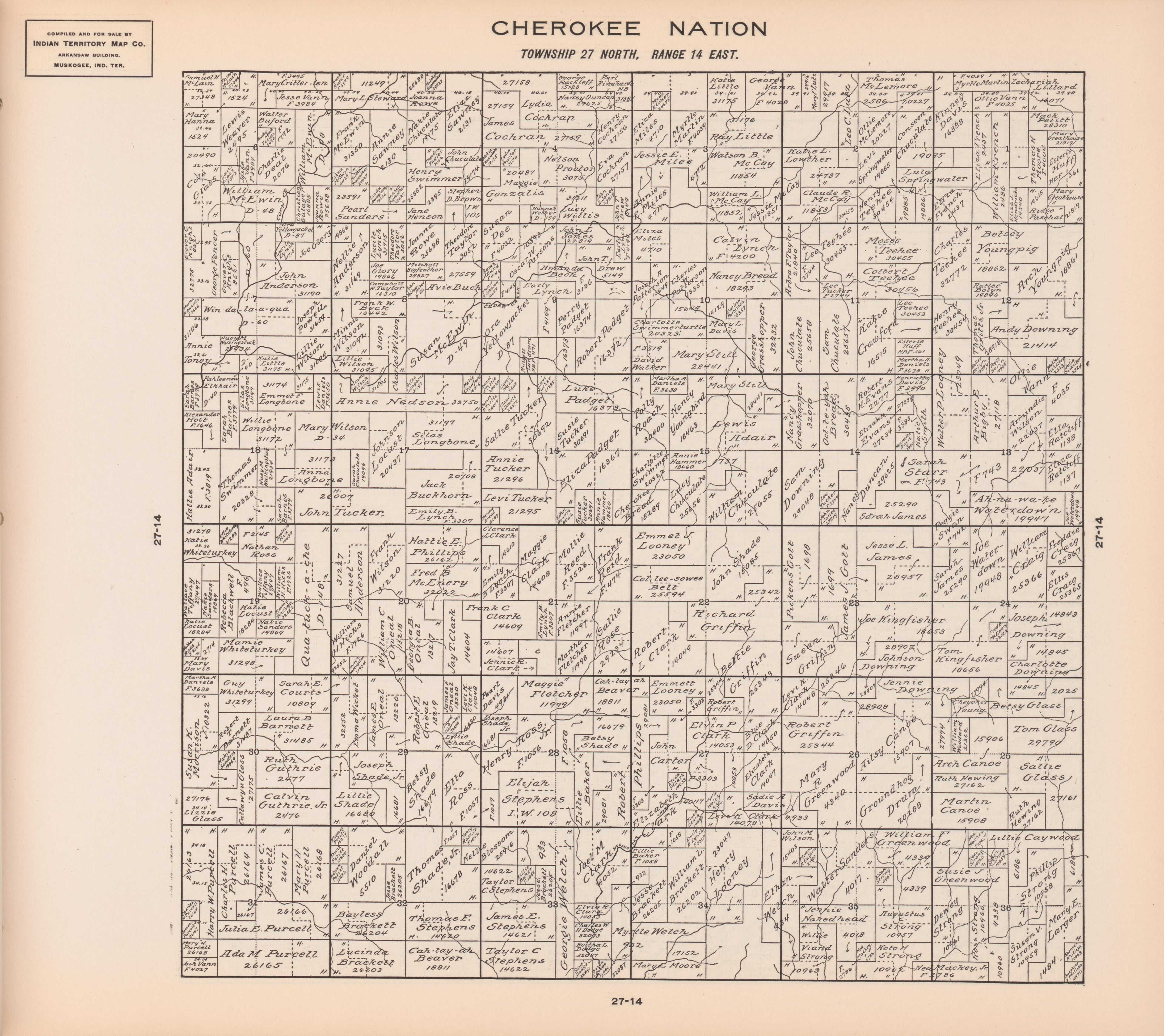 Township 27 North, Range 14 East from Cherokee Nation 1909 by Relic Map Company