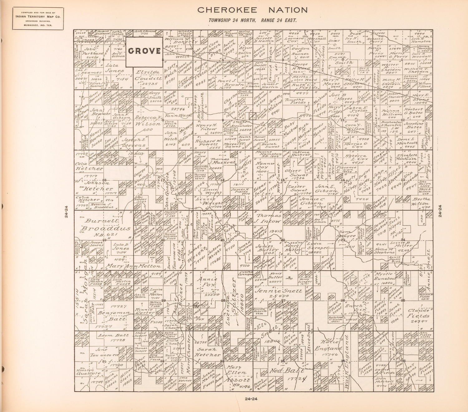 Township 24 North, Range 24 East from Cherokee Nation 1909 by Relic Map Company