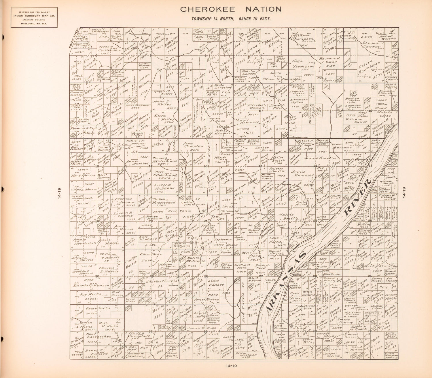 Township 14 North, Range 19 East from Cherokee Nation 1909 by Relic Map Company