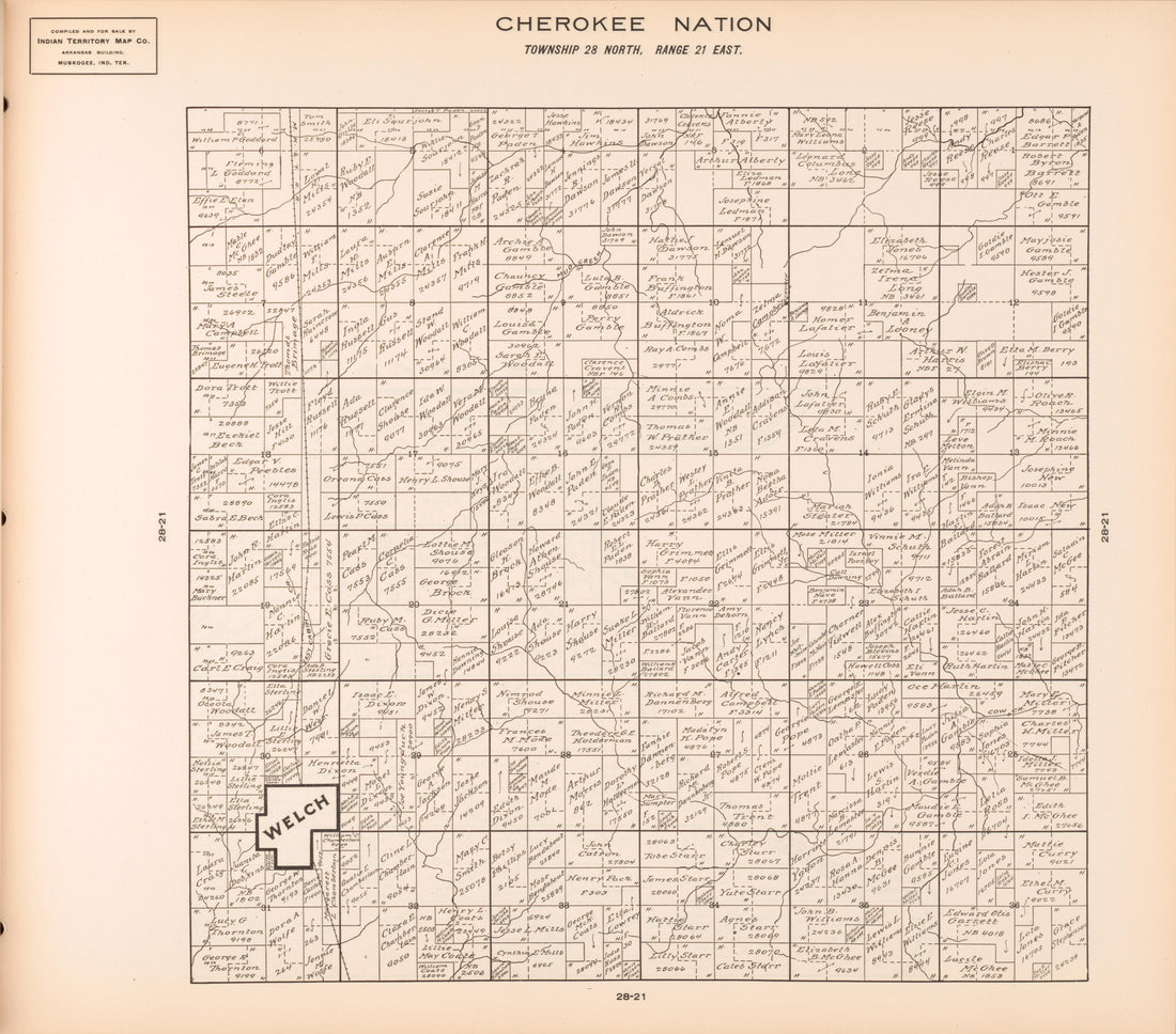 Township 28 North, Range 21 East from Cherokee Nation 1909 by Relic Map Company
