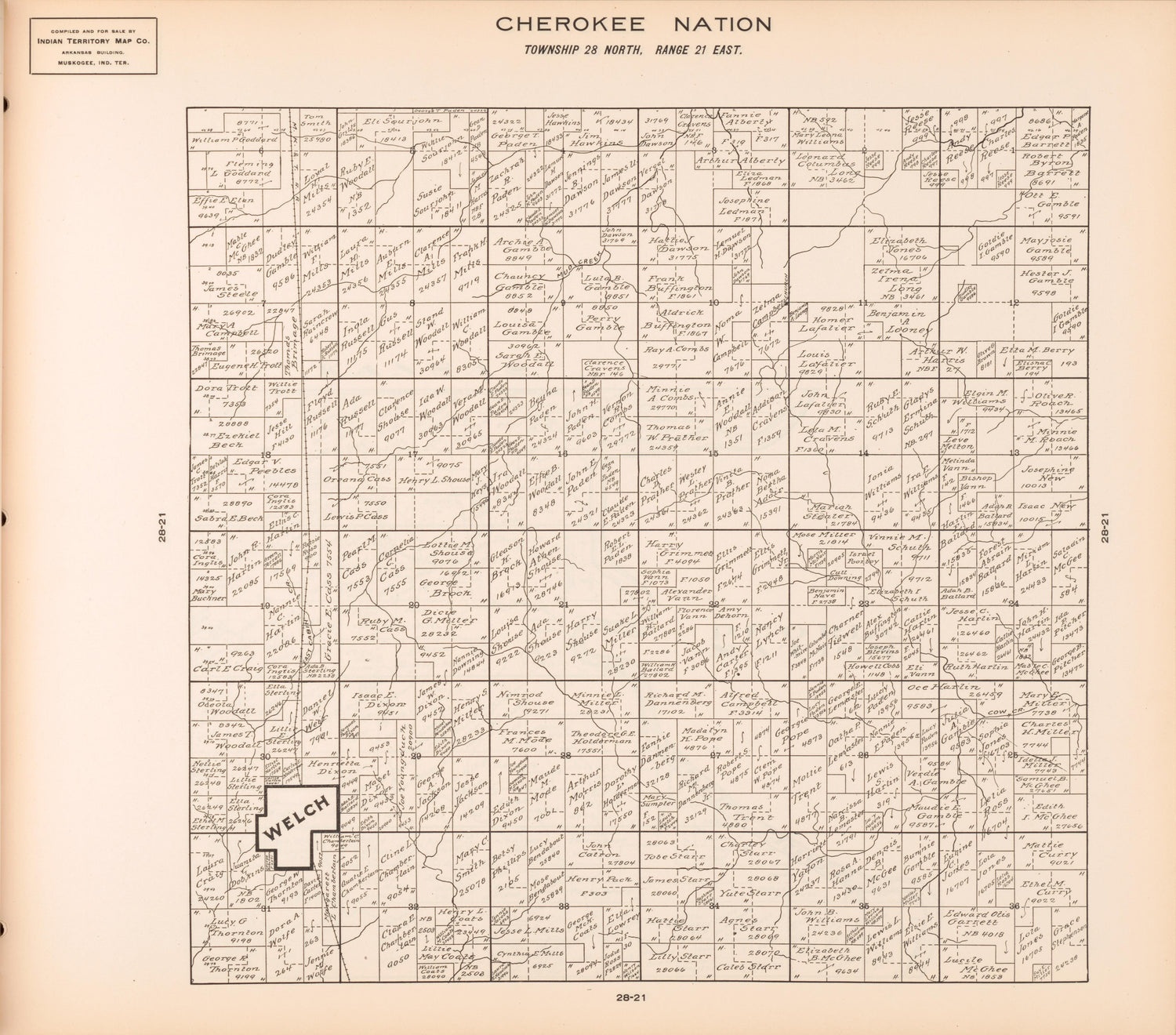 Township 28 North, Range 21 East from Cherokee Nation 1909 by Relic Map Company