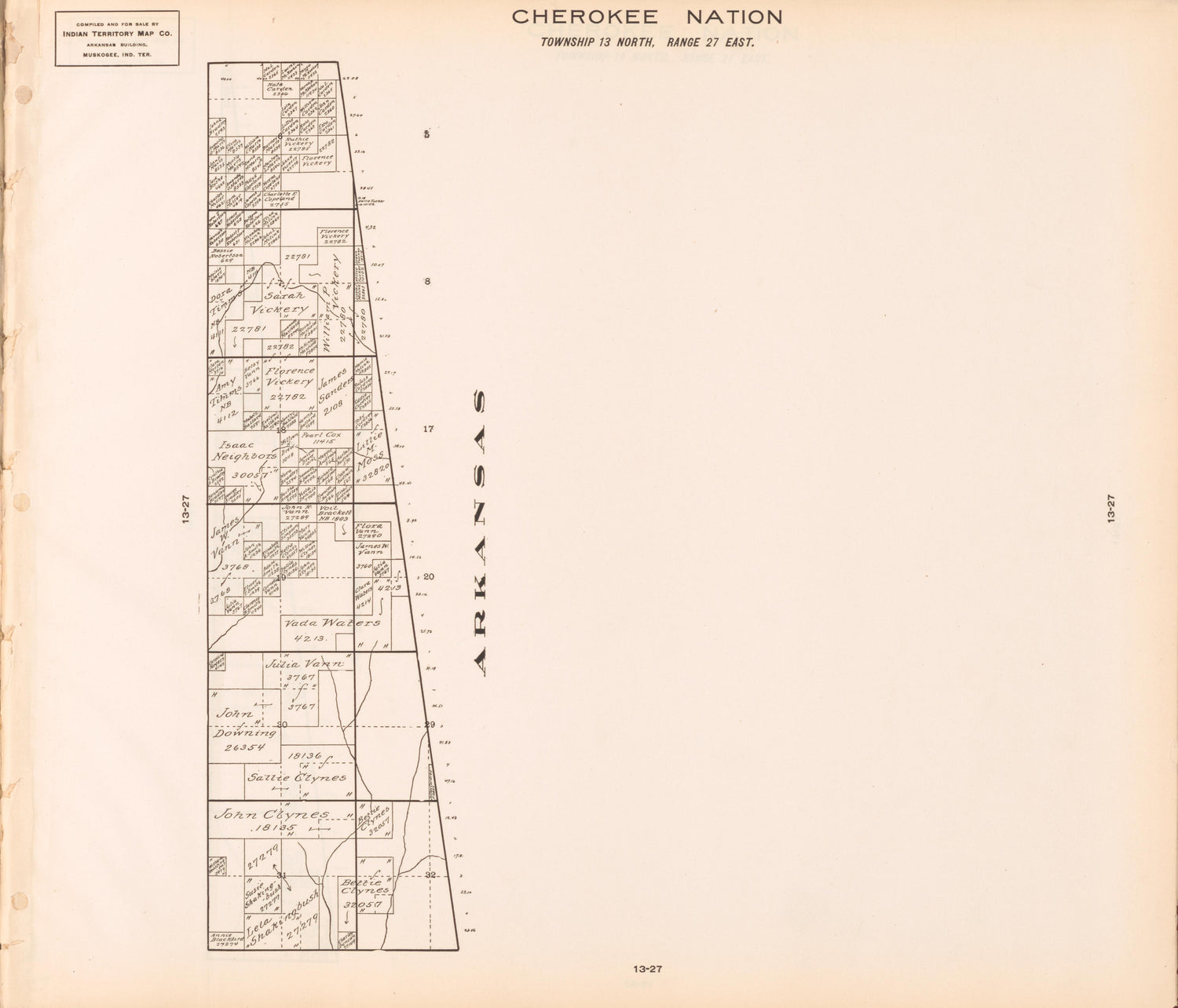 Township 13 North, Range 27 East from Cherokee Nation 1909 by Relic Map Company