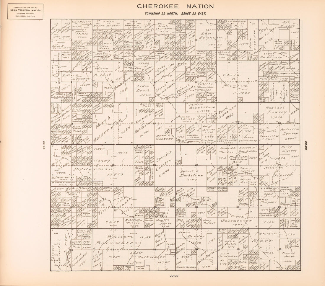 Township 22 North, Range 22 East from Cherokee Nation 1909 by Relic Map Company