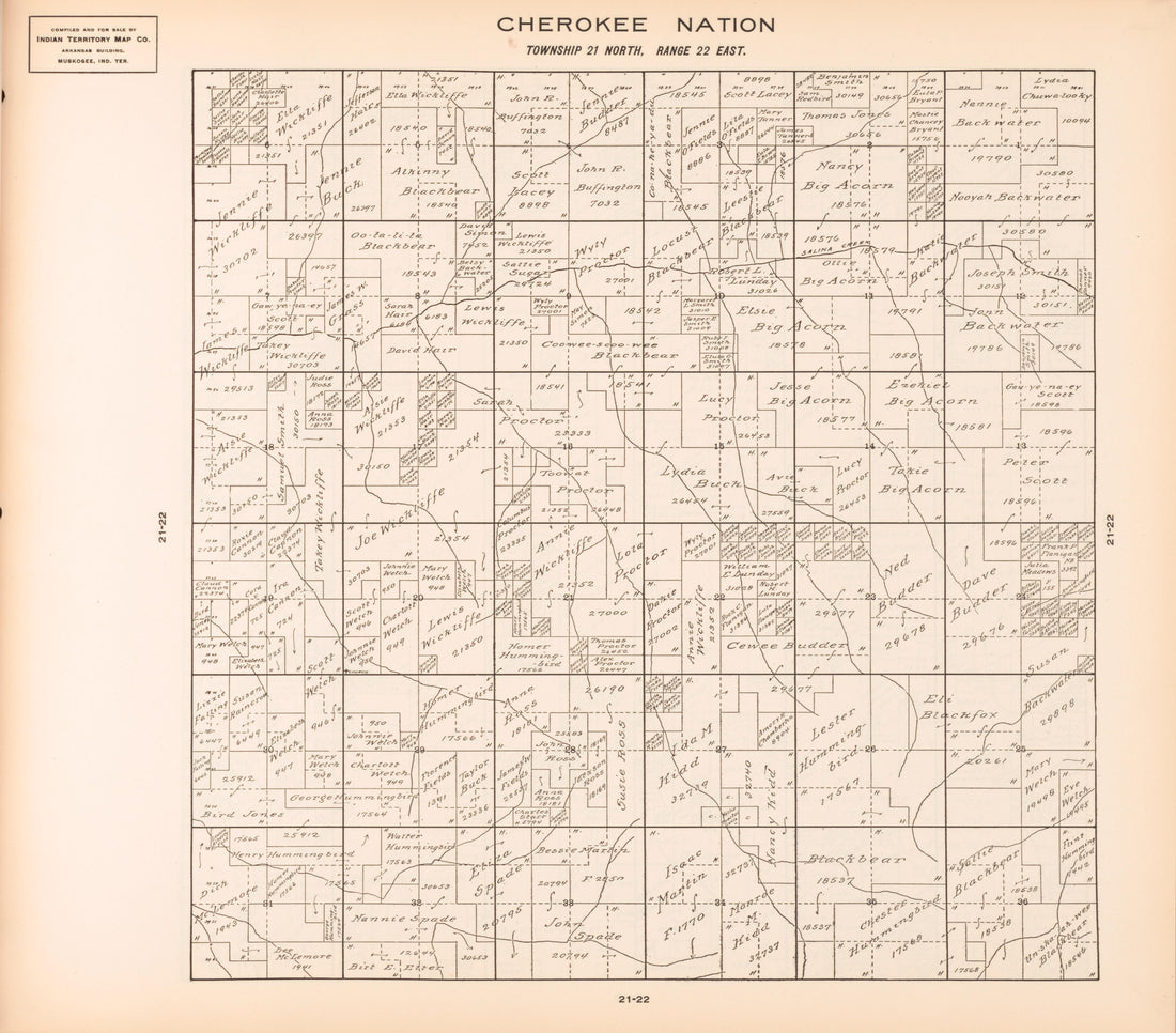 Township 21 North, Range 22 East from Cherokee Nation 1909 by Relic Map Company