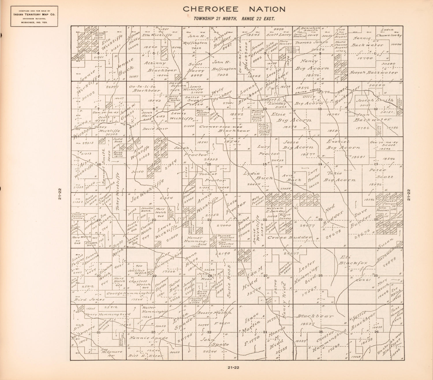 Township 21 North, Range 22 East from Cherokee Nation 1909 by Relic Map Company