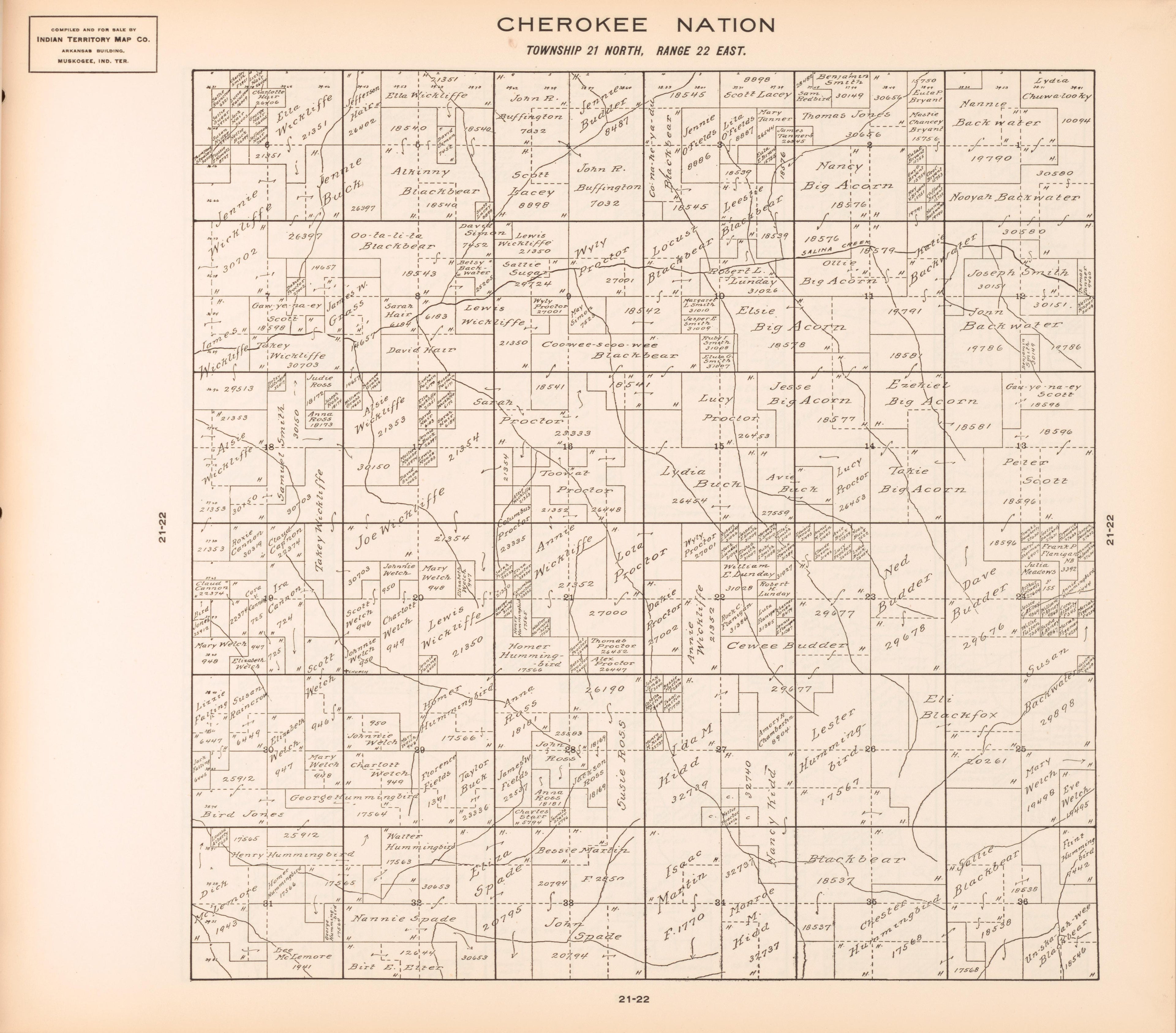 Township 21 North, Range 22 East from Cherokee Nation 1909 by Relic Map Company