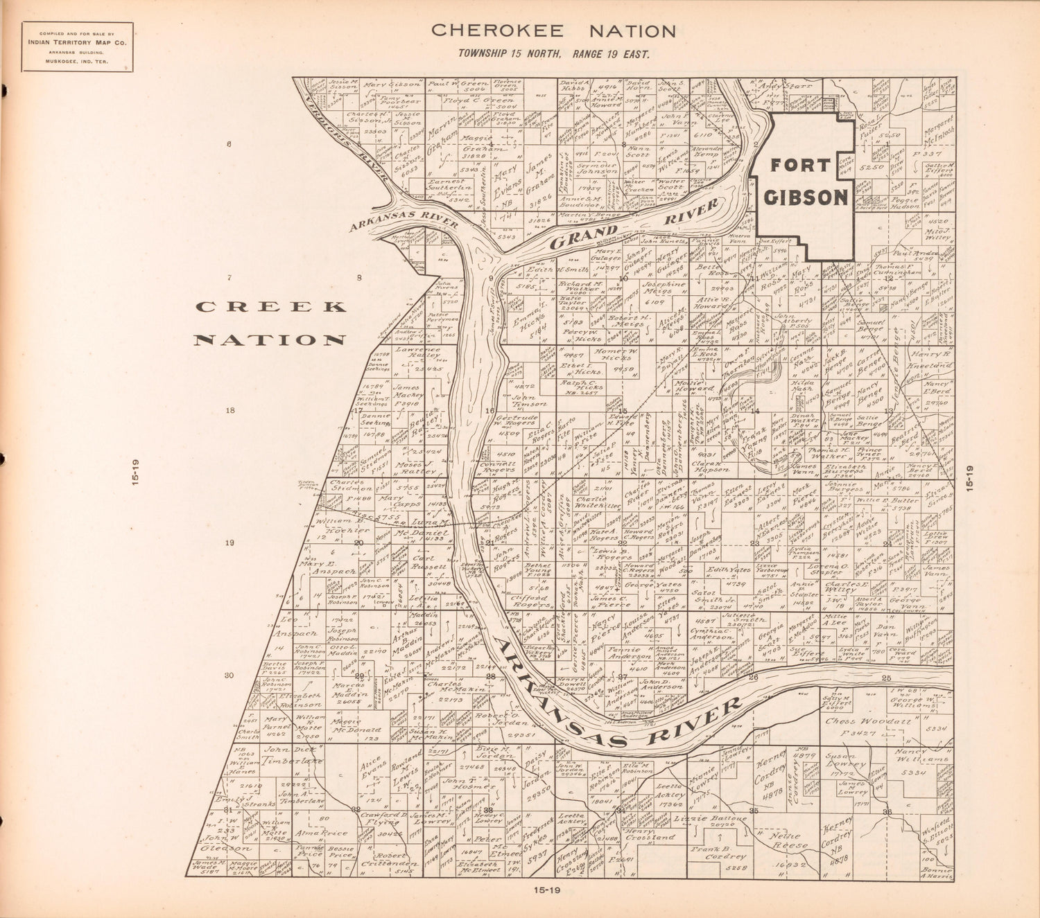 Township 15 North, Range 19 East from Cherokee Nation 1909 by Relic Map Company