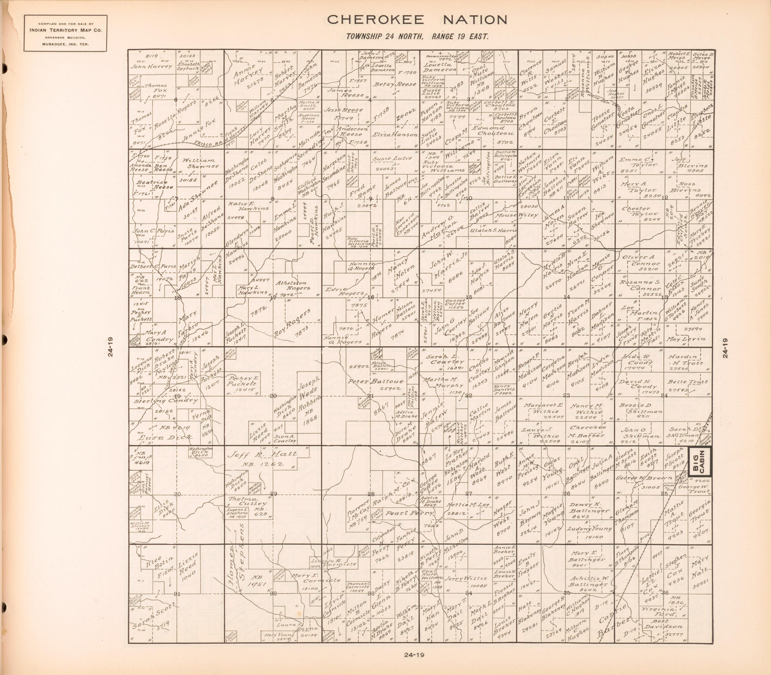 Township 24 North, Range 19 East from Cherokee Nation 1909 by Relic Map Company