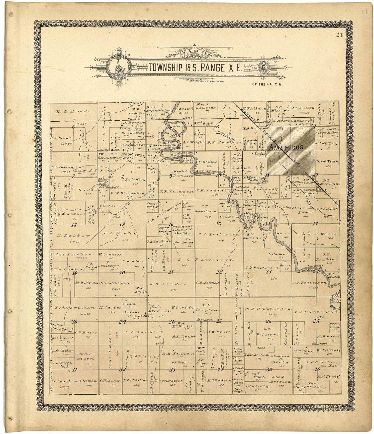 Map of Township 18 S. Range X E. from Standard Atlas of Lyon County, Kansas : Including a Plat Book of the Villages, Cities and Townships of the County, Map of the State, United States and World : Patrons Directory, Reference … 1901 by Relic Map Company