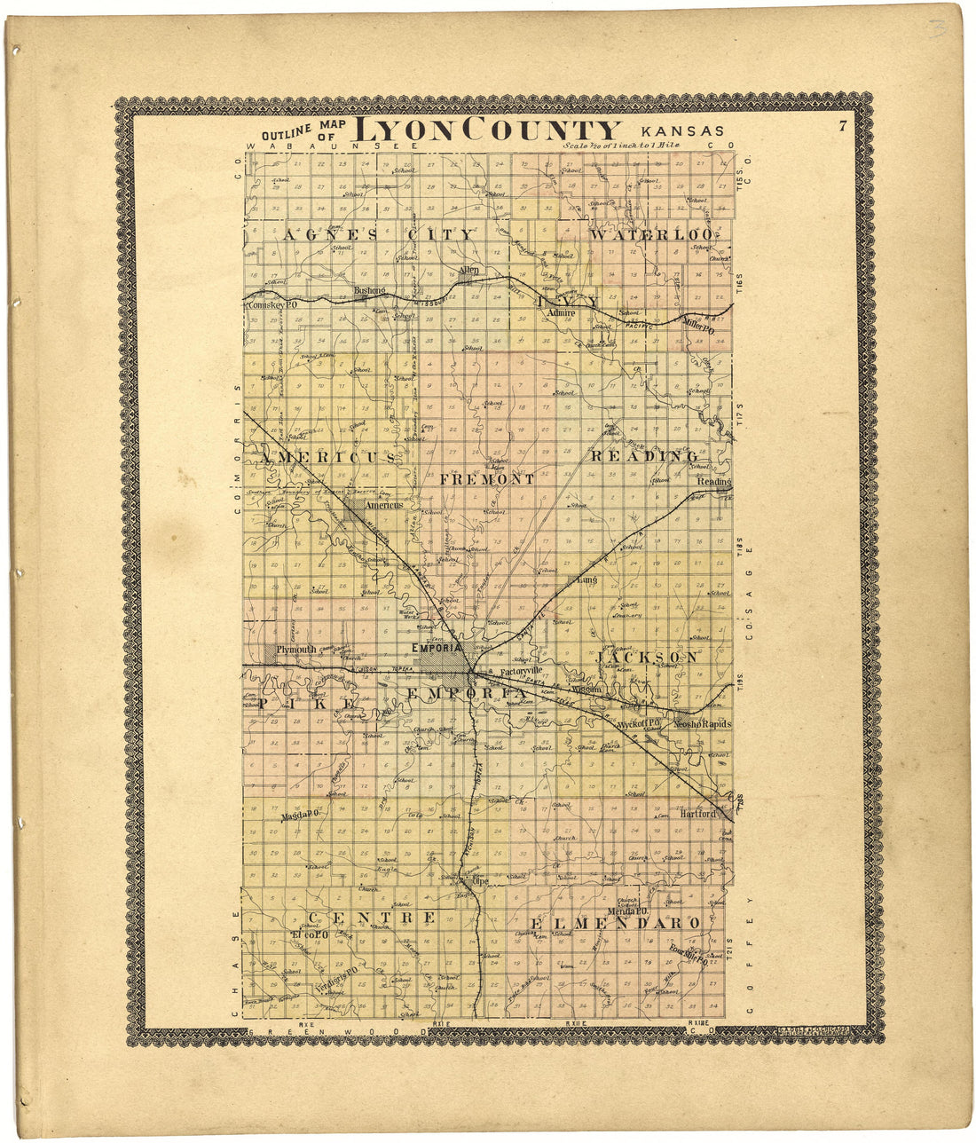 Outline Map of Lyon County, Kansas from Standard Atlas of Lyon County, Kansas : Including a Plat Book of the Villages, Cities and Townships of the County, Map of the State, United States and World : Patrons Directory, Reference … 1901 by Relic Map Company