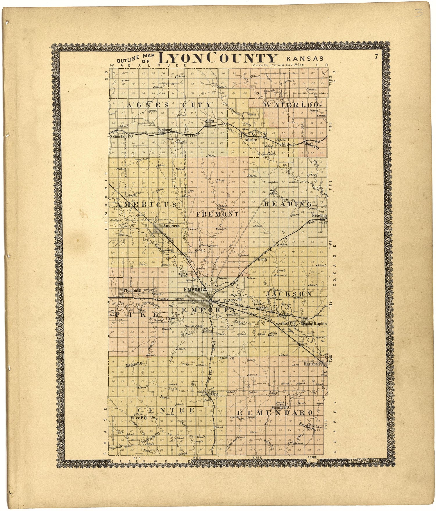 Outline Map of Lyon County, Kansas from Standard Atlas of Lyon County, Kansas : Including a Plat Book of the Villages, Cities and Townships of the County, Map of the State, United States and World : Patrons Directory, Reference … 1901 by Relic Map Company