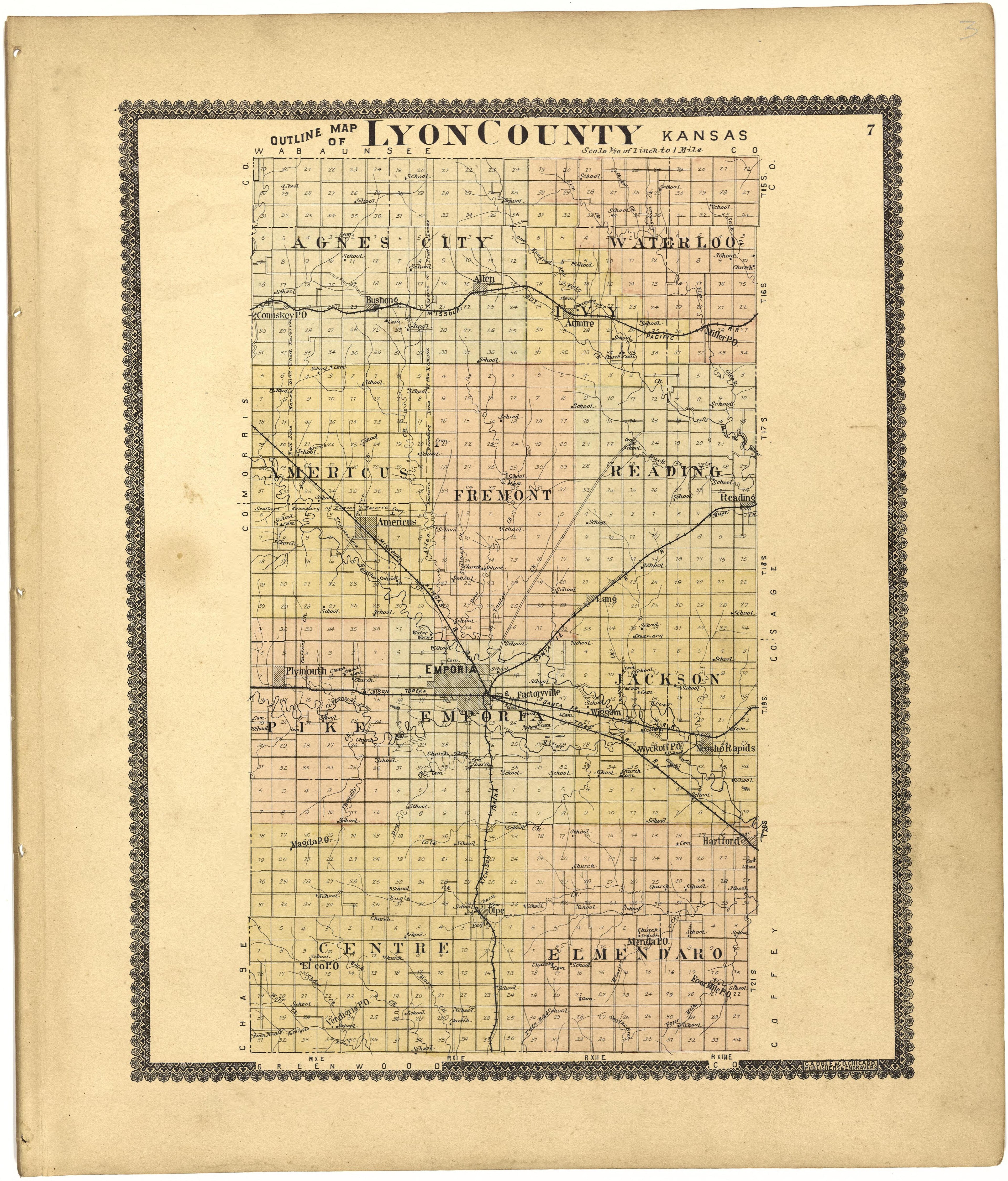 Outline Map of Lyon County, Kansas from Standard Atlas of Lyon County, Kansas : Including a Plat Book of the Villages, Cities and Townships of the County, Map of the State, United States and World : Patrons Directory, Reference … 1901 by Relic Map Company