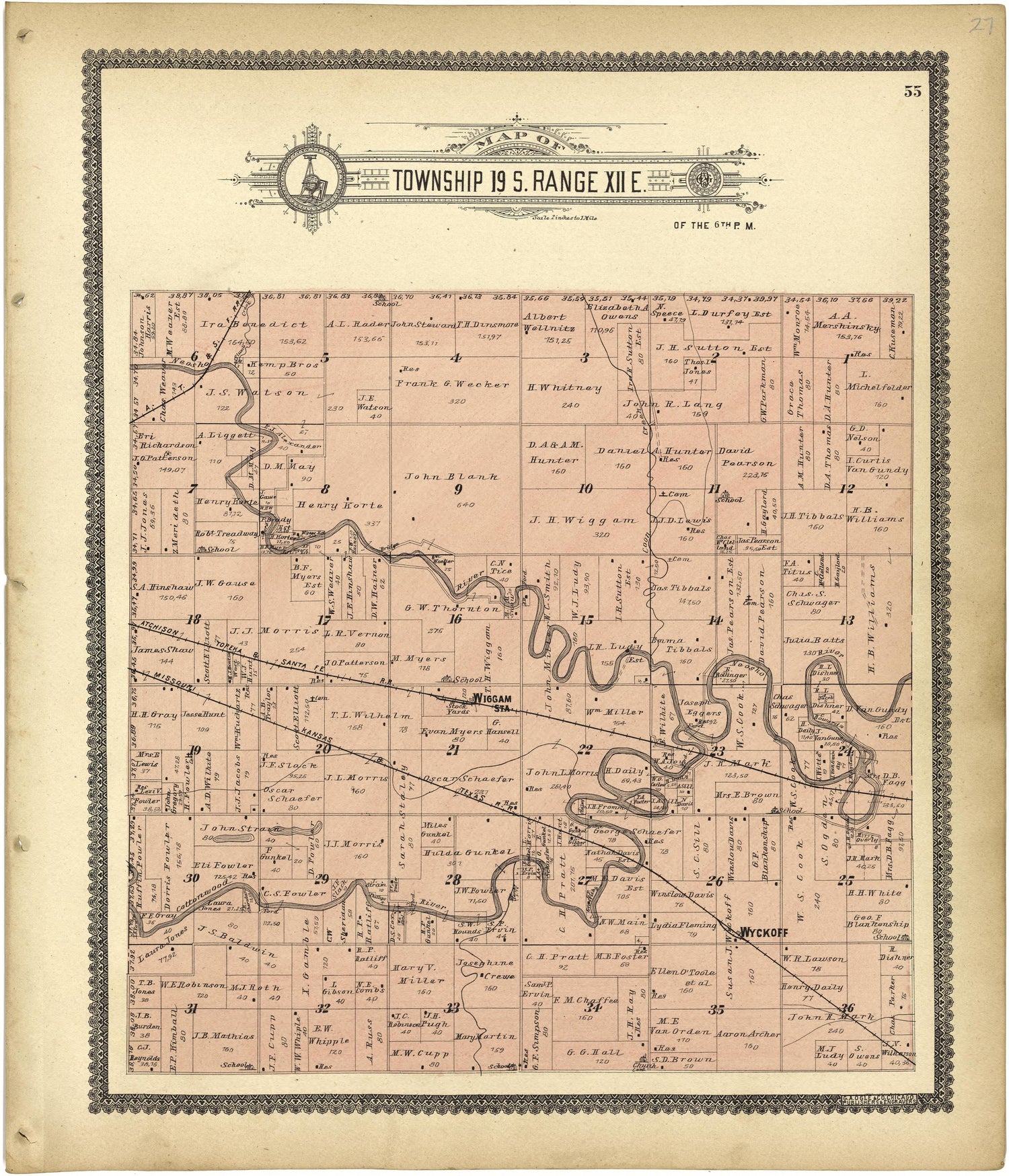 Map of Township 19 S. Range XII E. from Standard Atlas of Lyon County, Kansas : Including a Plat Book of the Villages, Cities and Townships of the County, Map of the State, United States and World : Patrons Directory, Reference … 1901 by Relic Map Company