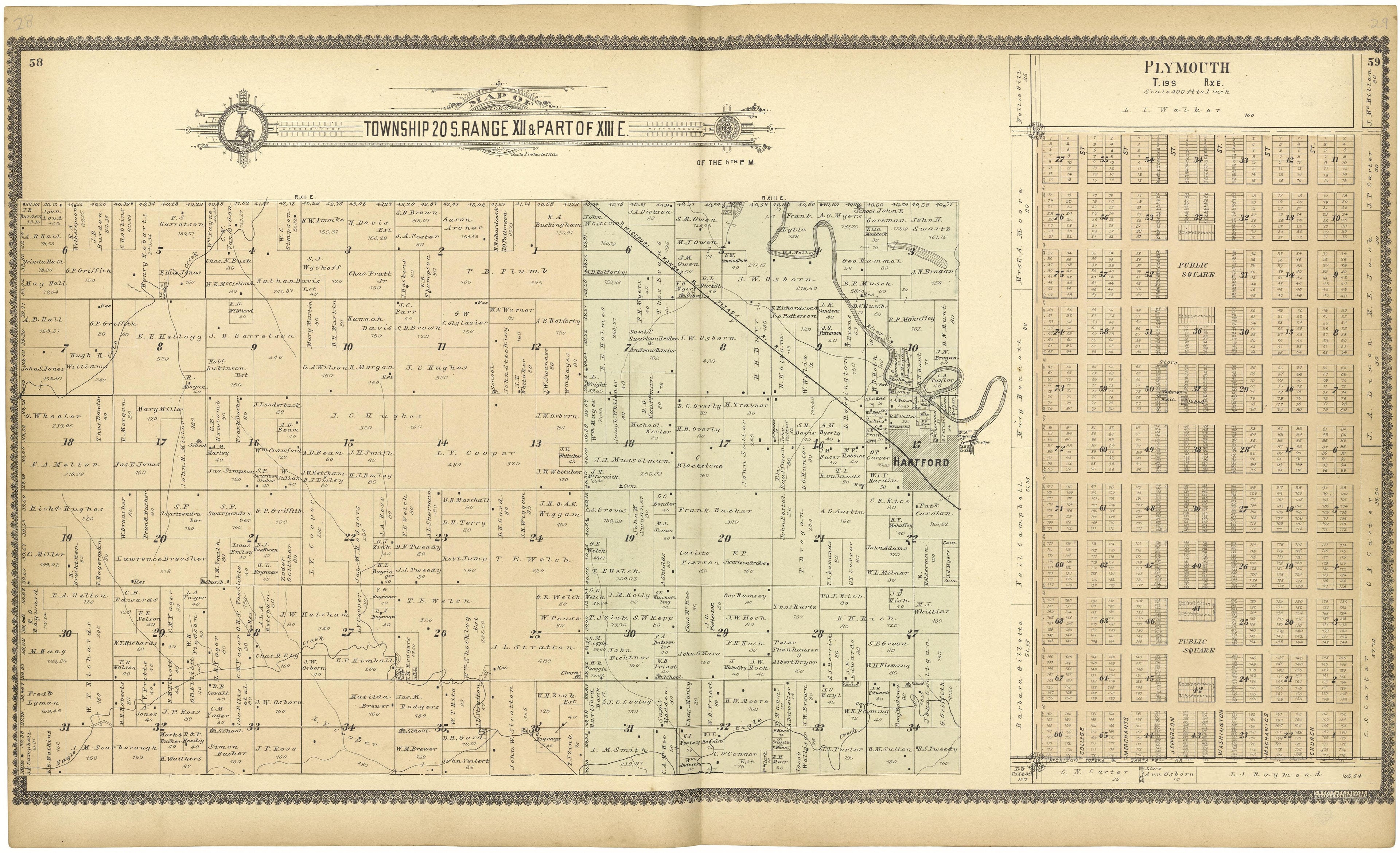 Map of Township 20 S. Range XII &amp; Part of XIII E. from Standard Atlas of Lyon County, Kansas : Including a Plat Book of the Villages, Cities and Townships of the County, Map of the State, United States and World : Patrons Directory, Reference … 1901 by Relic Map Company