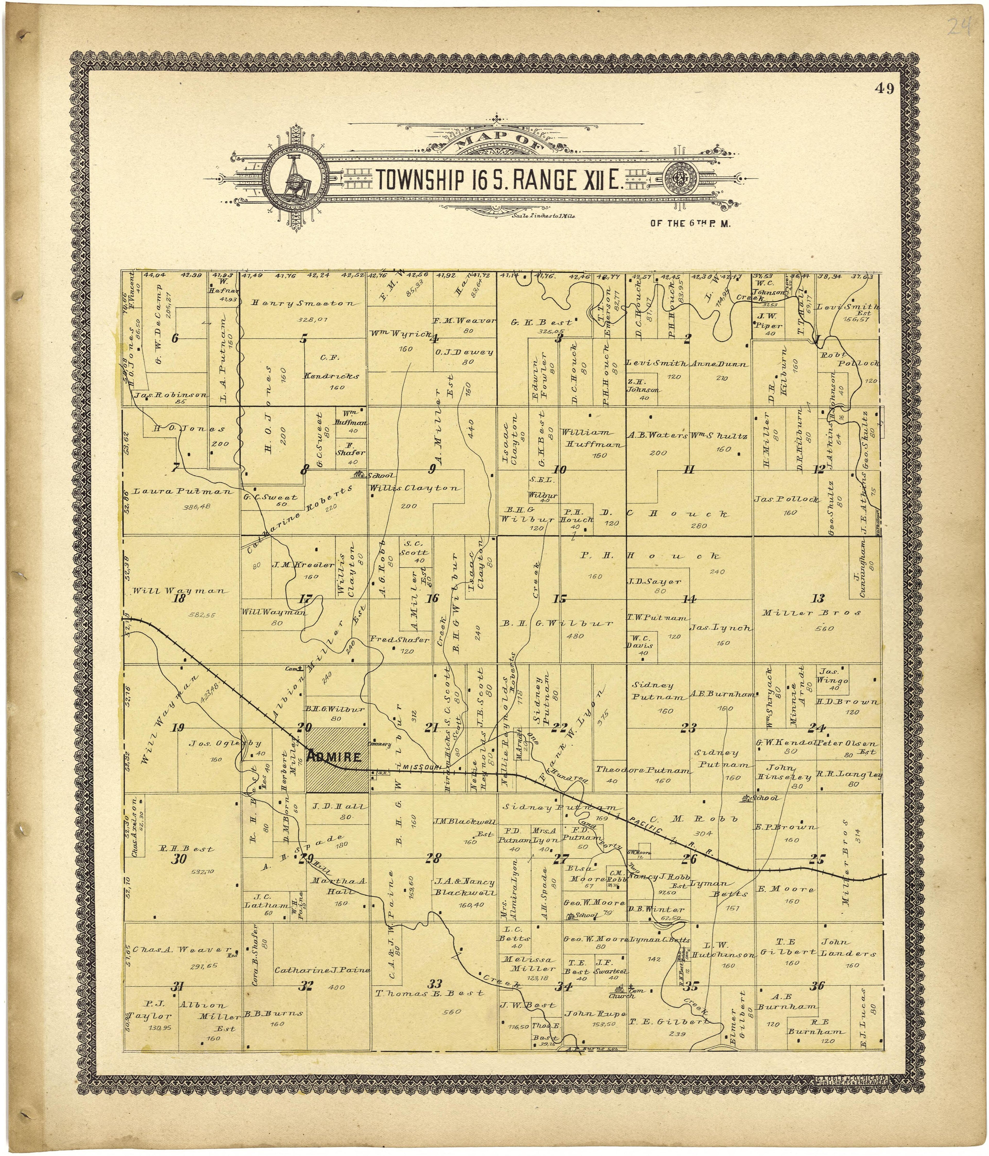 Map of Township 16 S. Range XII E. from Standard Atlas of Lyon County, Kansas : Including a Plat Book of the Villages, Cities and Townships of the County, Map of the State, United States and World : Patrons Directory, Reference … 1901 by Relic Map Company