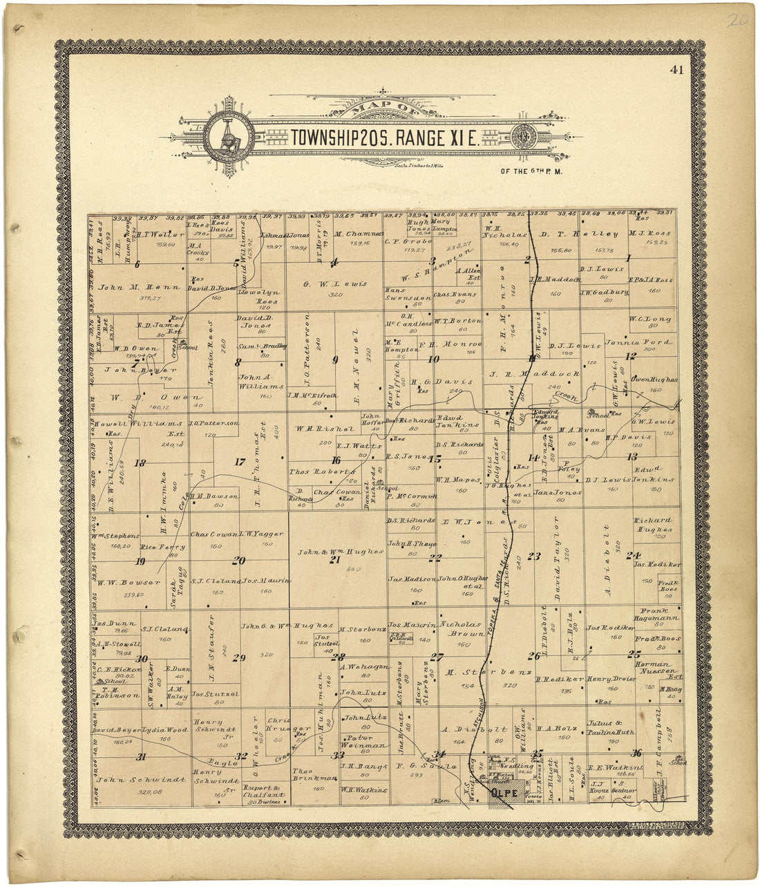 Map of Township 20 S. Range XI E. from Standard Atlas of Lyon County, Kansas : Including a Plat Book of the Villages, Cities and Townships of the County, Map of the State, United States and World : Patrons Directory, Reference … 1901 by Relic Map Company