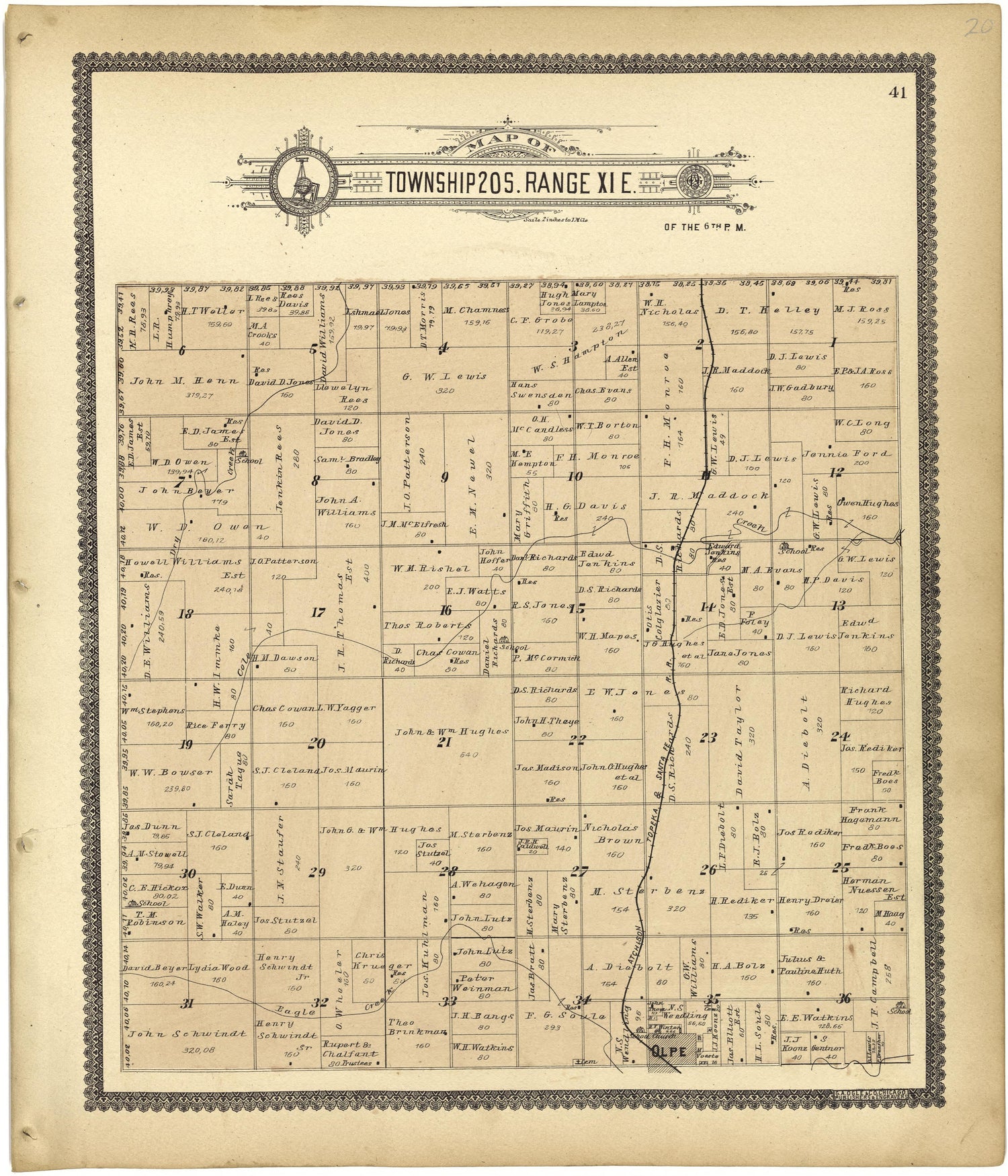 Map of Township 20 S. Range XI E. from Standard Atlas of Lyon County, Kansas : Including a Plat Book of the Villages, Cities and Townships of the County, Map of the State, United States and World : Patrons Directory, Reference … 1901 by Relic Map Company