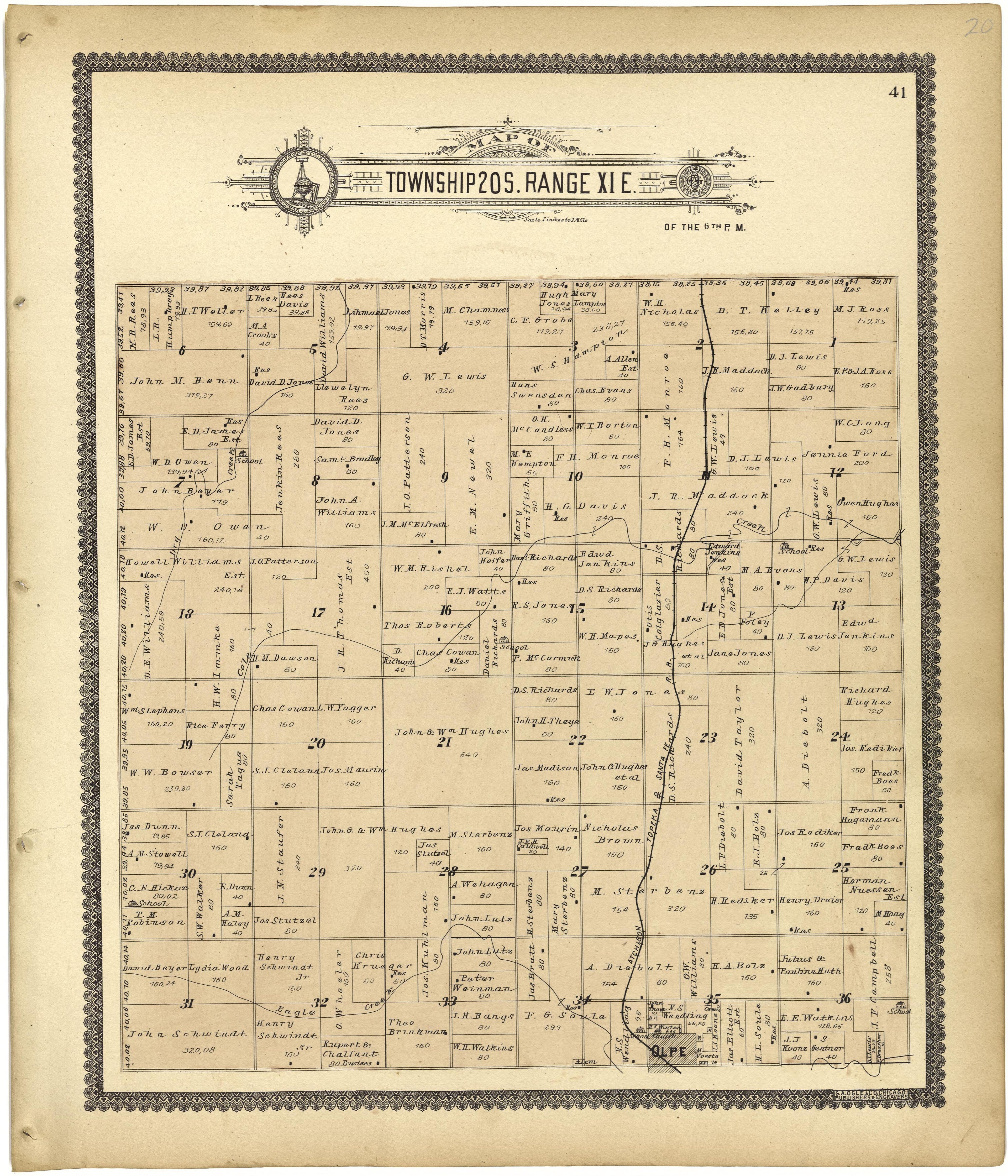 Map of Township 20 S. Range XI E. from Standard Atlas of Lyon County, Kansas : Including a Plat Book of the Villages, Cities and Townships of the County, Map of the State, United States and World : Patrons Directory, Reference … 1901 by Relic Map Company