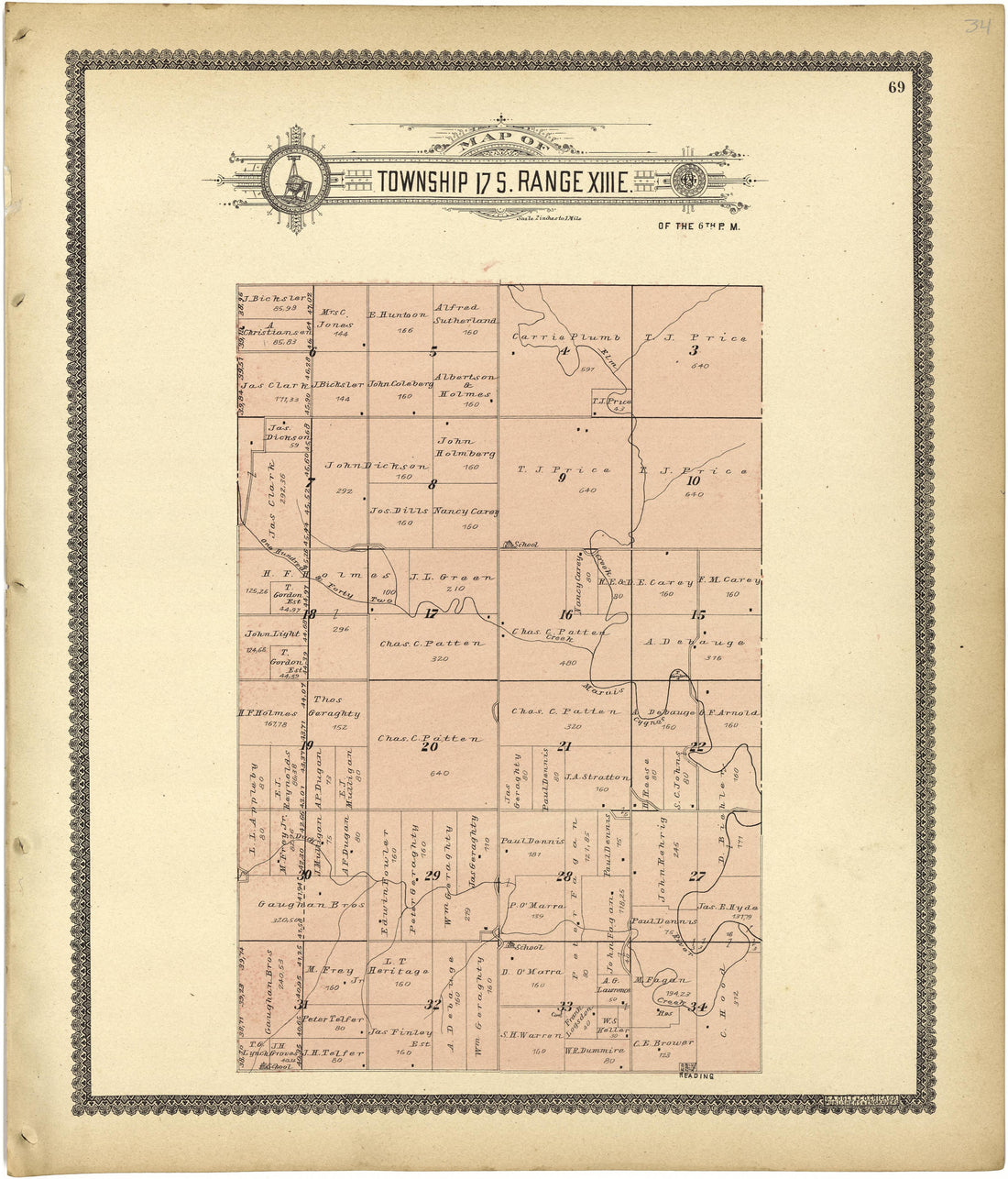 Map of Township 17 S. Range XIII E. from Standard Atlas of Lyon County, Kansas : Including a Plat Book of the Villages, Cities and Townships of the County, Map of the State, United States and World : Patrons Directory, Reference … 1901 by Relic Map Company