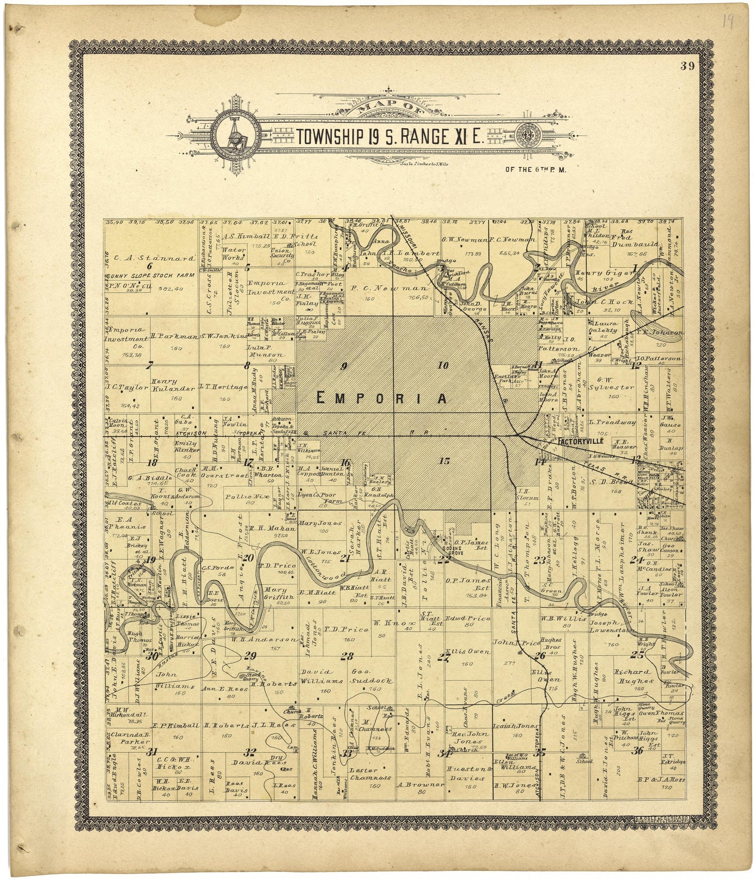 Map of Township 19 S. Range XI E. from Standard Atlas of Lyon County, Kansas : Including a Plat Book of the Villages, Cities and Townships of the County, Map of the State, United States and World : Patrons Directory, Reference … 1901 by Relic Map Company