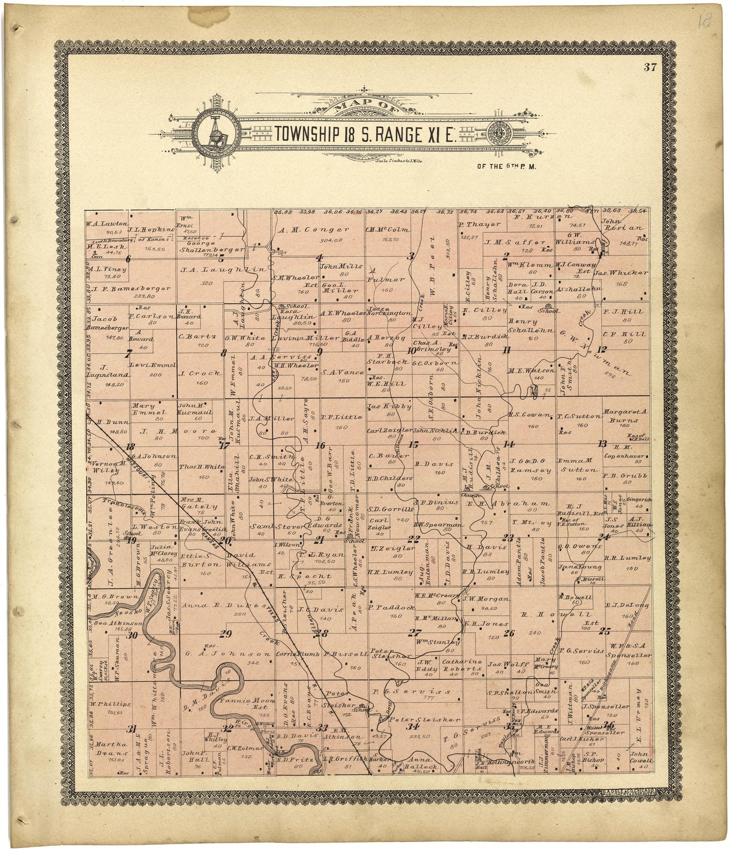 Map of Township 18 S. Range XI E. from Standard Atlas of Lyon County, Kansas : Including a Plat Book of the Villages, Cities and Townships of the County, Map of the State, United States and World : Patrons Directory, Reference … 1901 by Relic Map Company