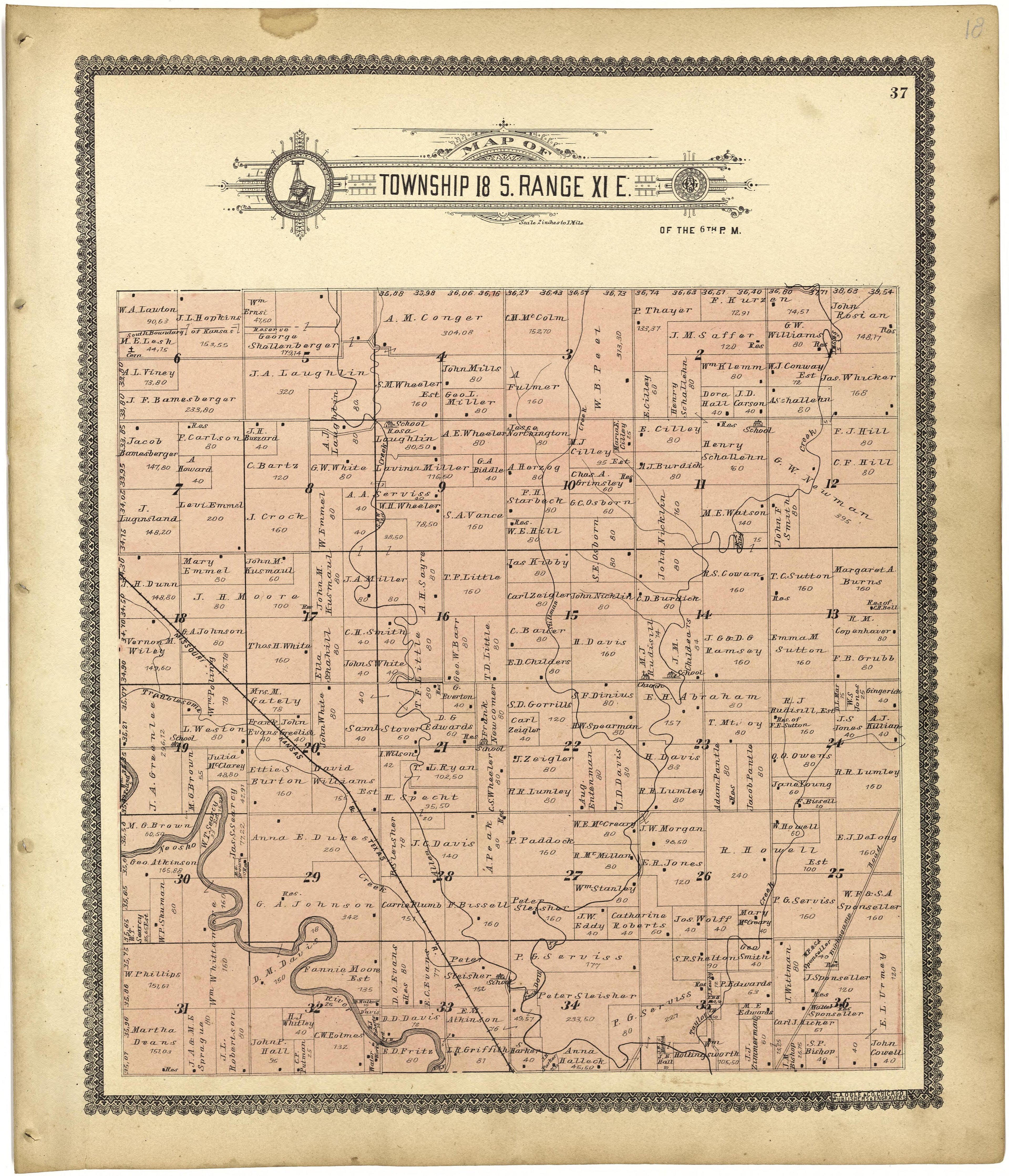 Map of Township 18 S. Range XI E. from Standard Atlas of Lyon County, Kansas : Including a Plat Book of the Villages, Cities and Townships of the County, Map of the State, United States and World : Patrons Directory, Reference … 1901 by Relic Map Company